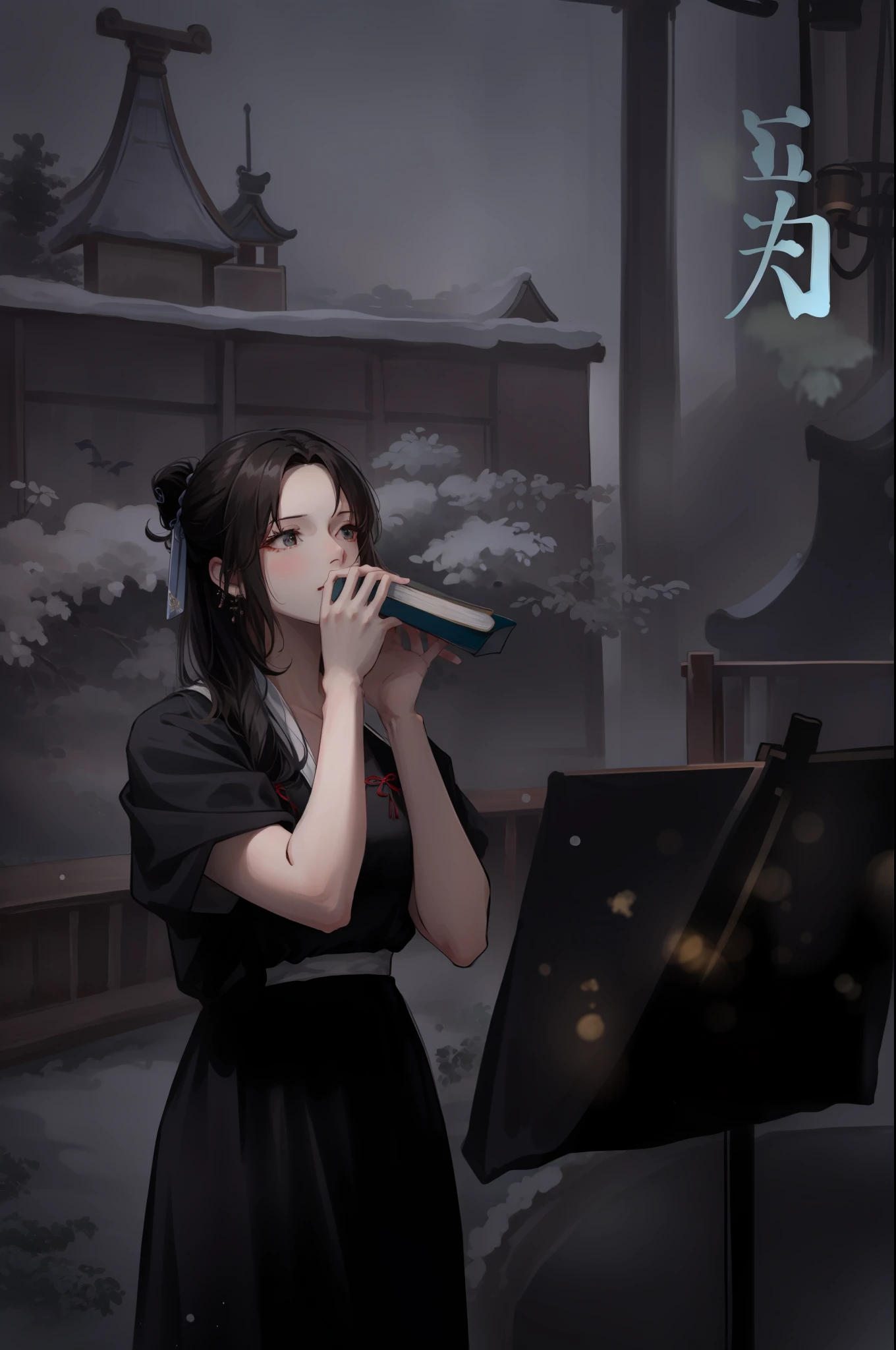 ru_qun,best_quality,head,original_outfit,hanfu,clear details,masterpiece, best_quality, clear details,1girl,Sky blue and white clothes,read a book,holding book, ,Chinese park background,cowboy shot,detailed skin texture,detailed cloth texture, beautiful detailed face, ultra detailed,photorealsim, SongStyle,