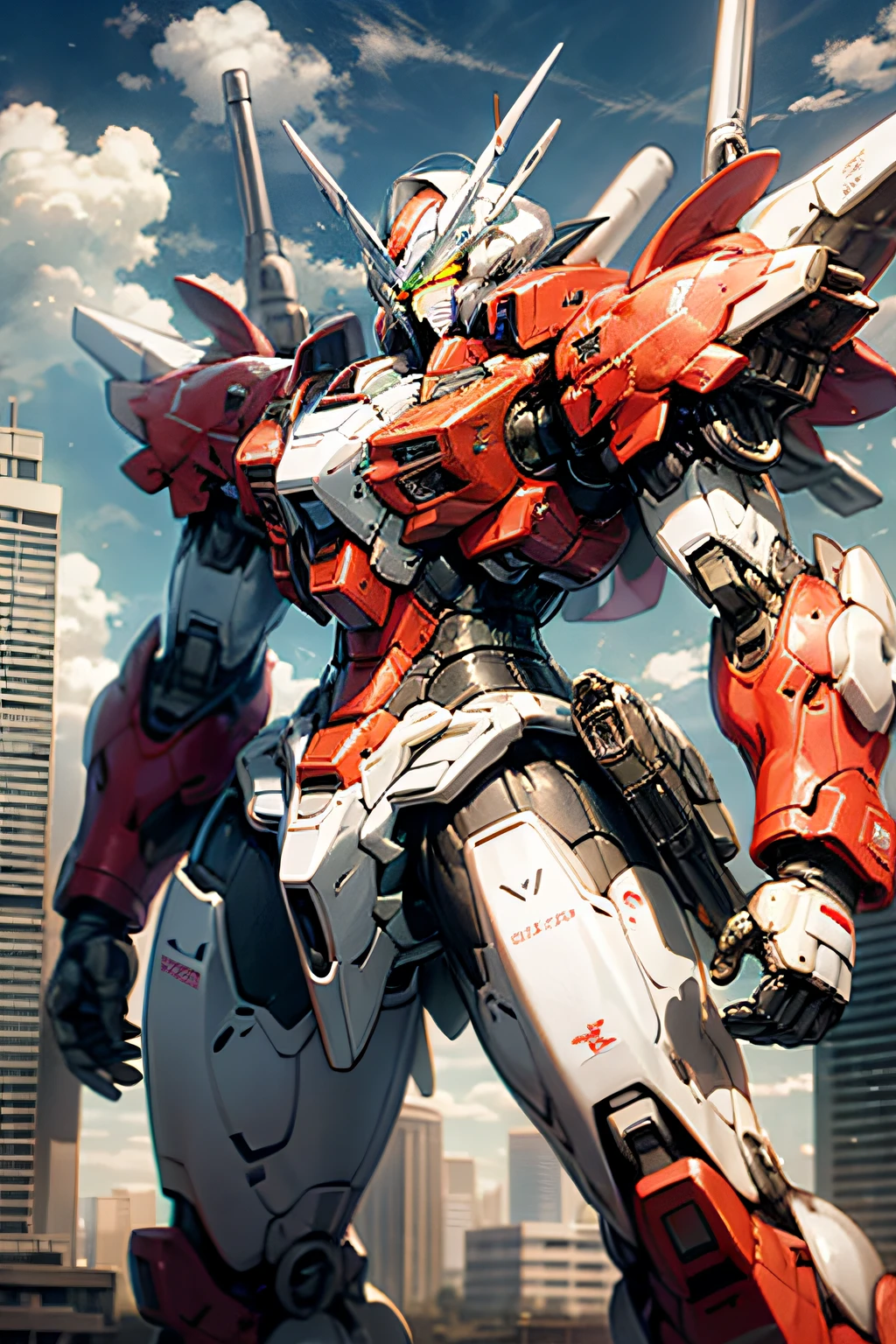 sky, cloud, holding_weapon, no_humans, glowing, robot, building, glowing_eyes, mecha, science_fiction, city, real, mecha, masami ohari, gundam
