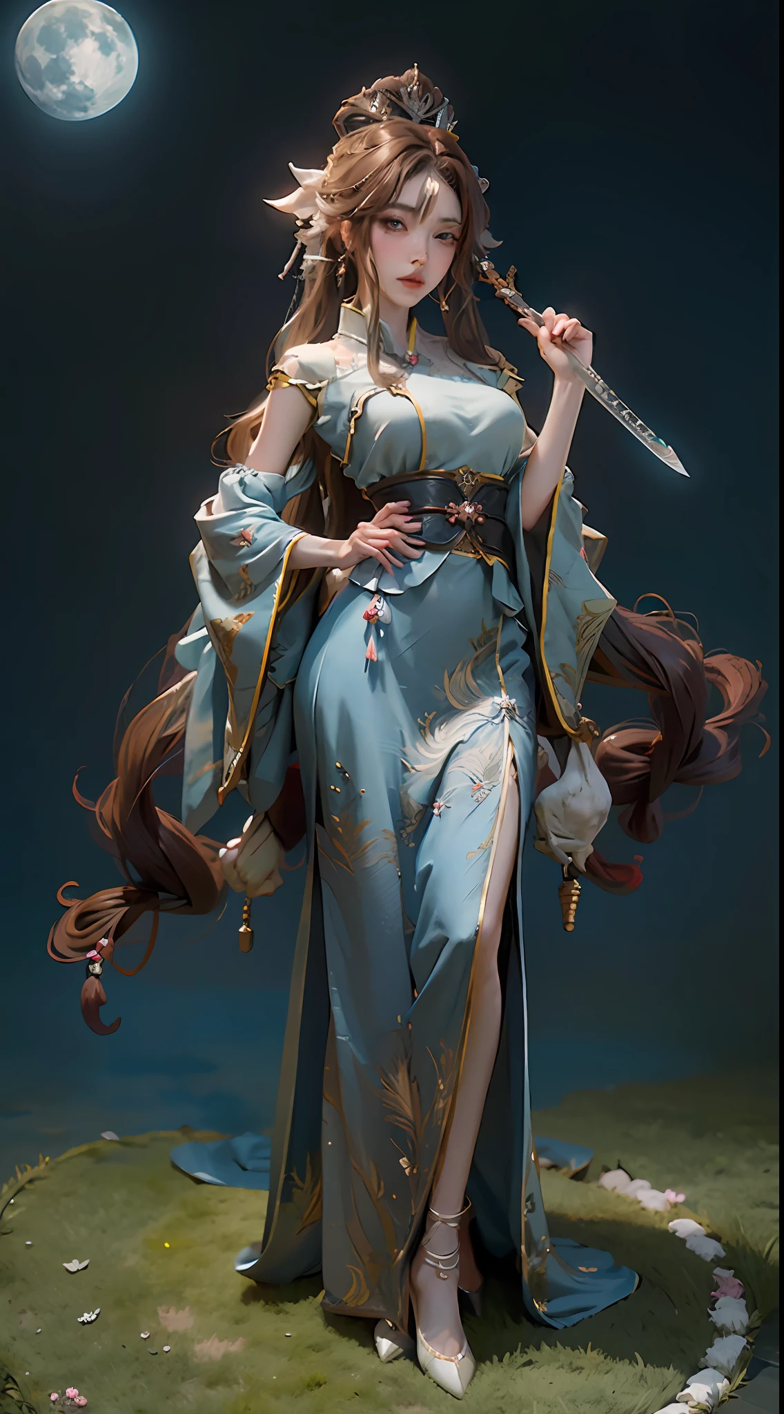 Sword girl in blue dress before the full moon, fairy tale fantasy, anime girl with long hair and blue skirt, beautiful girl with a crown ((a beautiful fantasy empress)), full body fairy swordsman, palace, girl in Hanfu, inspired by Lan Ying, fairy tale fantasy, fairy swordsman, Kurosawa Nishiya, beautiful figure painting