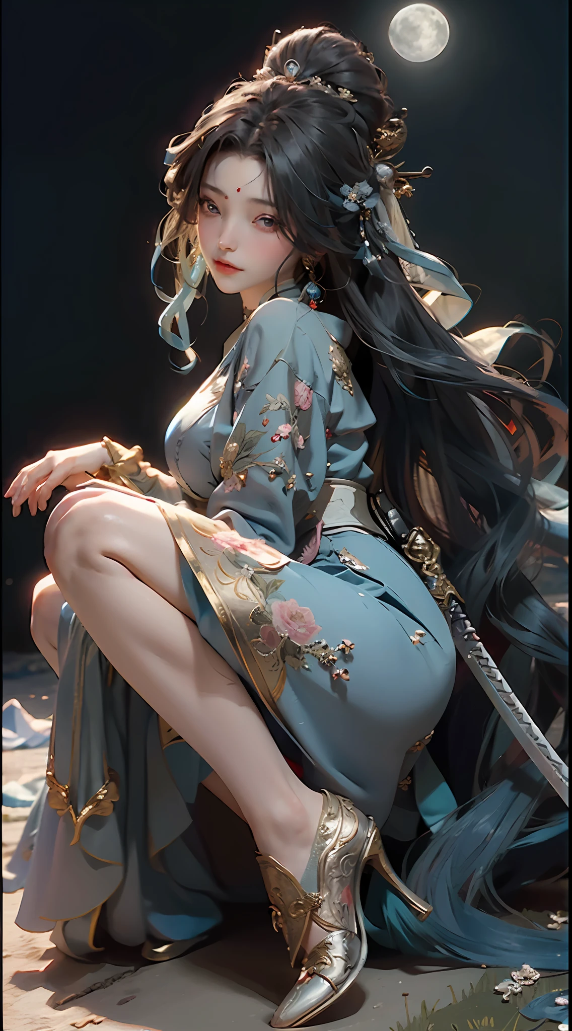 Sword girl in blue dress before the full moon, fairy tale fantasy, anime girl with long hair and blue skirt, beautiful girl with a crown ((a beautiful fantasy empress)), full body fairy swordsman, palace, girl in Hanfu, inspired by Lan Ying, fairy tale fantasy, fairy swordsman, Kurosawa Nishiya, beautiful figure painting
