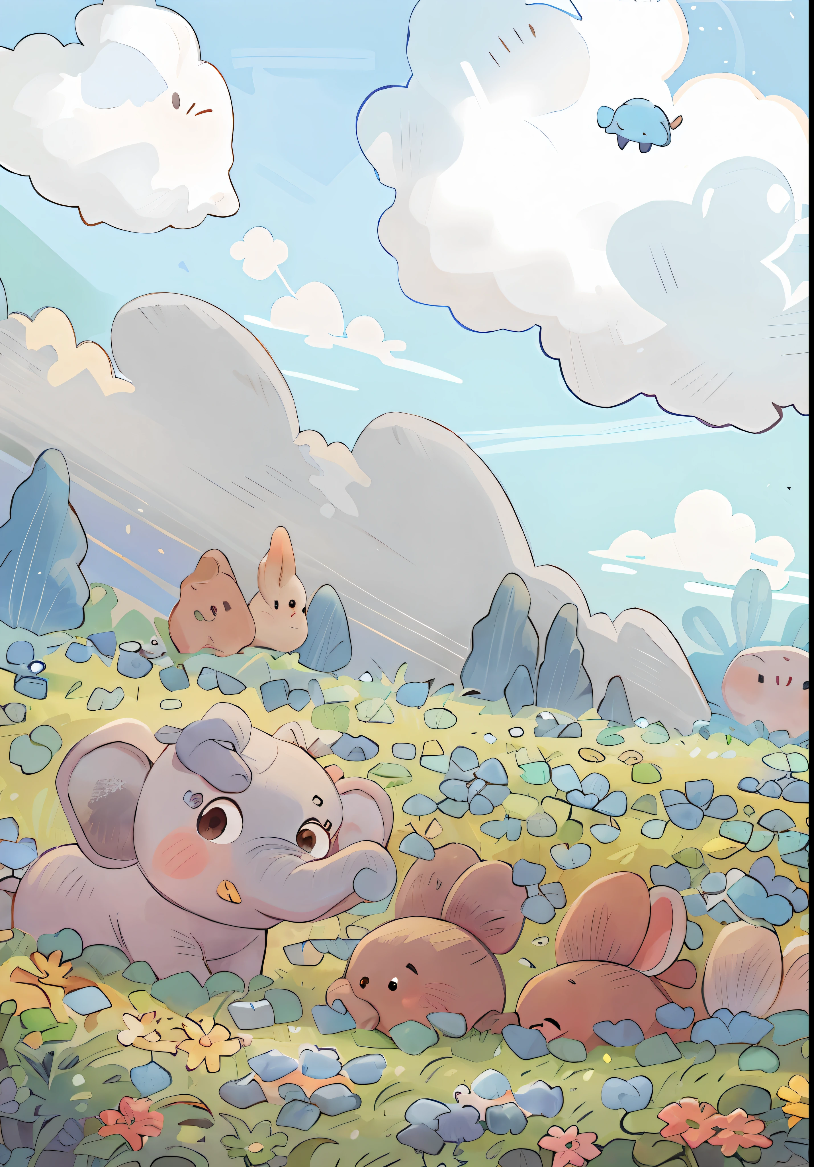 A cute baby elephant and three rabbits in the field, with blue sky and white clouds