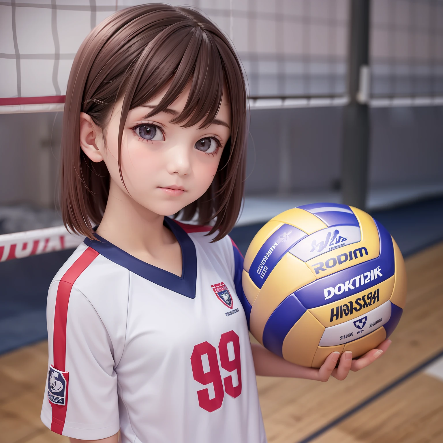 ((9year old girl:1.5)), complete anatomy, children's body, child, super cute, girl, little girl, random poses,An angle that captures the whole body,(wearing volley_uniform:1.3), good hand,4k, high-res, masterpiece, best quality, ((Hasselblad photography)), finely detailed skin, sharp focus, (cinematic lighting), collarbone, soft lighting, dynamic angle, (((inside volleyball field))),,volley_uniform, , inside beach volley field, inside volley ball field, holding_ball, beautiful girl, 1 girl, loli, petite girl, top quality, masterpiece, high eyes,drooping eyes,(realism: 1.2)), petite, bangs, tall eyes, natural light,(aquamarine eyes),bangs, beautiful girl with fine details, Beautiful and delicate eyes, Beautiful girl, detailed face, Beautiful eyes, beautiful shining body, 8K images,