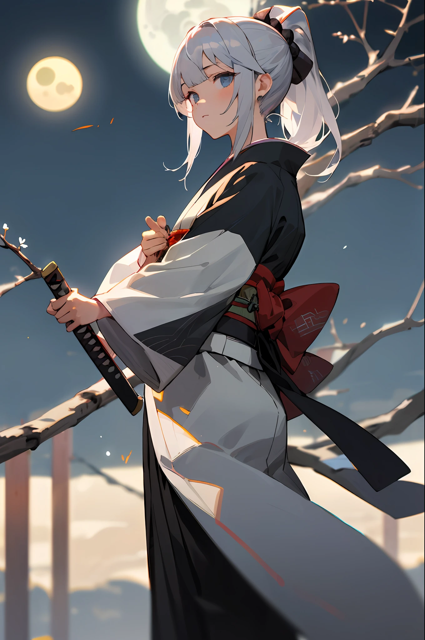 ((Masterpiece, Best Quality)),1girl,Bangs,Blue Eyes,Background Blur,Branches,Silver Hair,Ponytail,Sunglasses,Japanese Clothes,Kimono,Night,(Mon:1.9), Obi, Outdoors, Obi, Solo, Moonlight, Katana