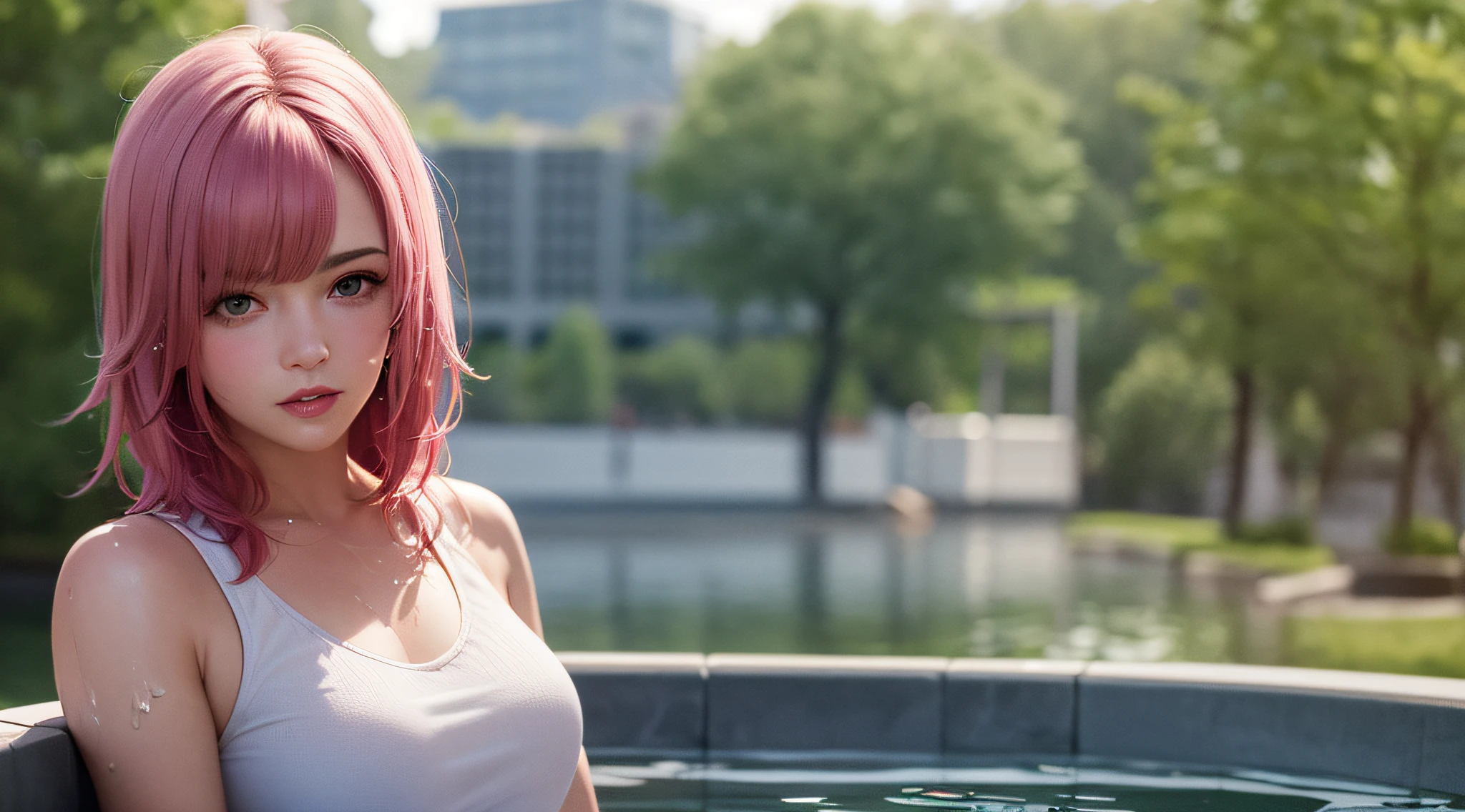 masterpiece,best quality,photo realistic,asda,face,1girl,head,thick lips, pink hair,sitting ,wet,shiny skin, mix4,