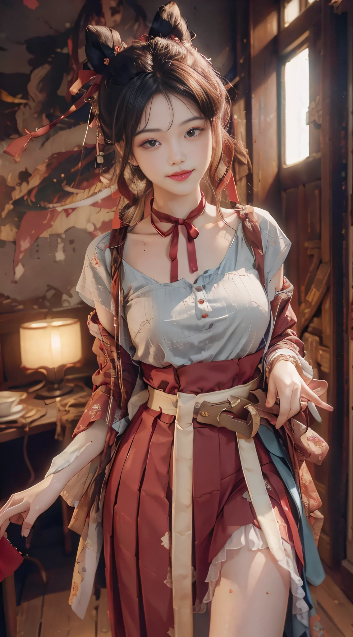 (ultra-detailed, CG ,unity ,8k wallpaper),(masterpiece),(realistic),(photorealistic:1.2),(raw photo:1.2), (best quality:1.2), (detailed face :1.4),(beautiful detailed eyes :1.2),(detailed hair),light on face, huge filesize ,cinematic lighting, 1girl,nishikigi chisato, red ribbon, (lycoris uniform, two-tone dress, grey dress, pleated dress, belt, red belt,neck ribbon, blue ribbon, long sleeves,) smile, pov, effects,
