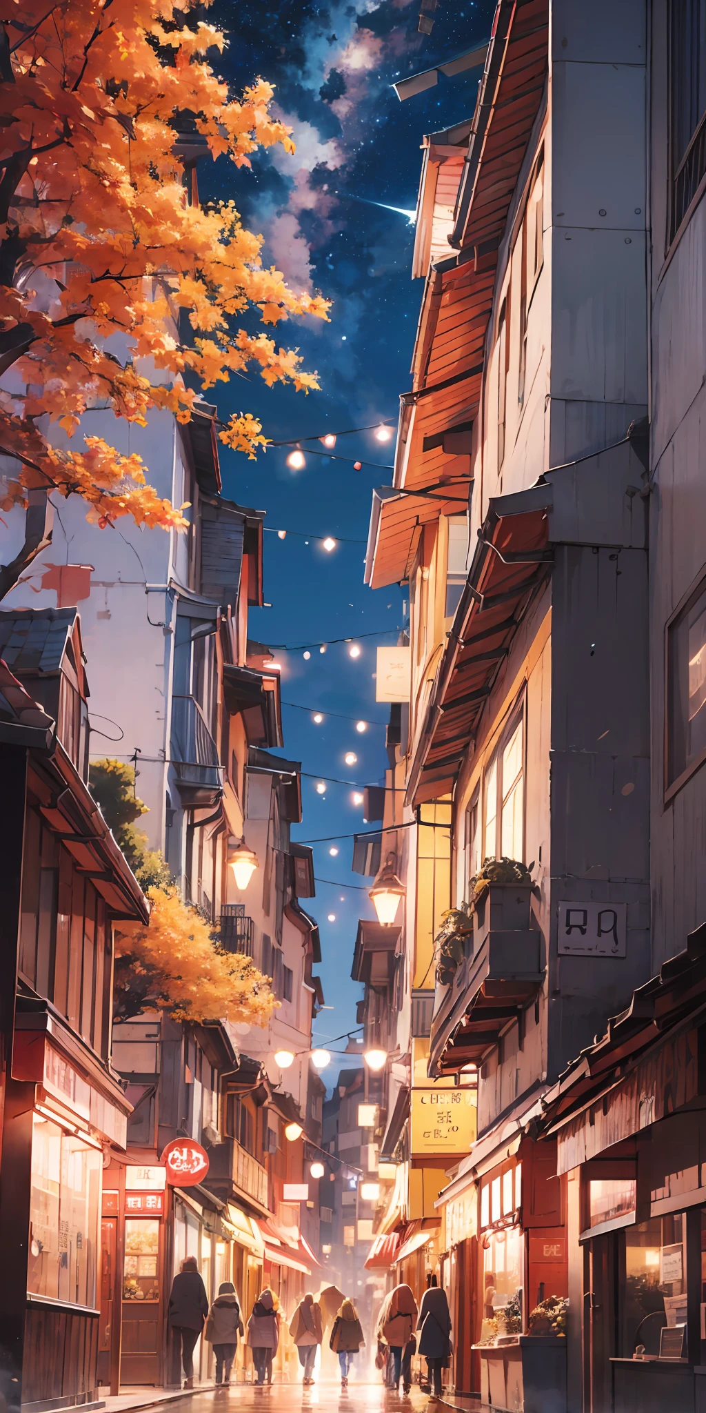 Anime scenery of city with towers, people walking on the street, autumn leaves, space sky. Posted by: Makoto Shinkai, Beautiful Anime Scene, Makoto Shinkai, Cyril Roland, Anime Background Art, Beautiful Anime Scenery, Anime Art Wallpaper 4k, Anime Art Wallpaper 4k, 4K Anime Wallpaper, Anime Wallpaper 4K, Anime Wallpaper 4K, Detail Enhancement, Perfect Detail Processing.