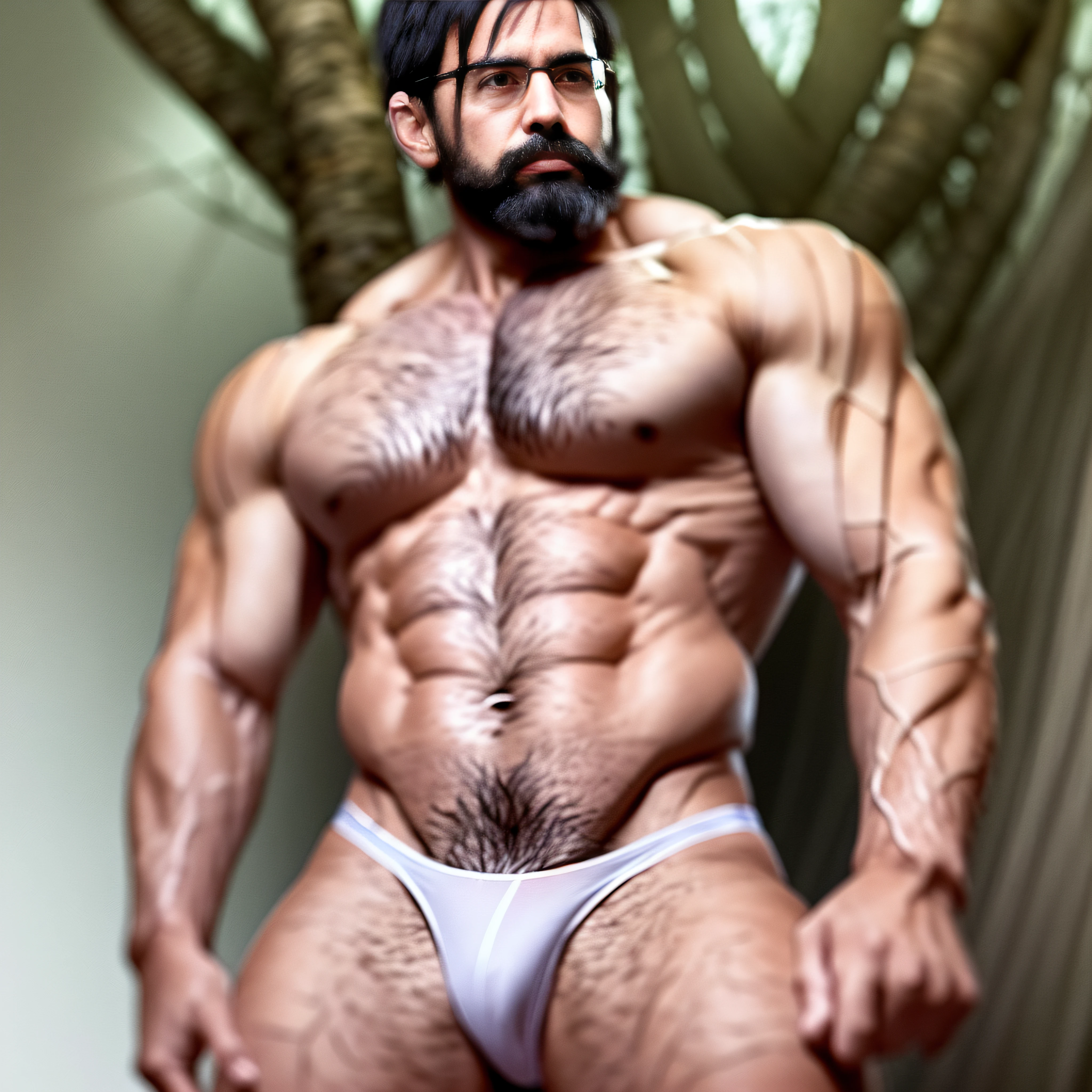 (by Yuko Yuguchi, 1.4), Yuko Higuchi, (by Yoh: 1.2), (Masterpiece, Best Quality, Official Fine Art, Beauty & Aesthetics: 1.2), (Super Detail), ((No underwear: 1.2)) ((inch hair short, short beard stubble: 1.1)) ((Short hair, brush cut, 32 year old muscular man: 1.1)) Fine detail, best illustration, hand-drawn high quality, (high contrast), (Clean lines: 1.3), (Art), Line drawing, (Complex lines), Clear Lines, Fractal art, brushstrokes, Ukiyo-e style, (full-length portrait, tulle thong, Extreme close-up: 1.1), (Muscle man, white clear thong: 1.1) 1.1) (He's surrounded by dead trees: 1.1), supermodel's perfect features, full body show (short hair, beard stubble), thong boy, surround composition, perfect pecs and abs, mysterious night, extremely provocative and sexy (adds detail), (detailed background: 1.2), (core,), high resolution, extreme detail ((super artistic, only wearing a white tulle thong, faintly visible internal structure: 1.2))(full-length portrait:1.2)