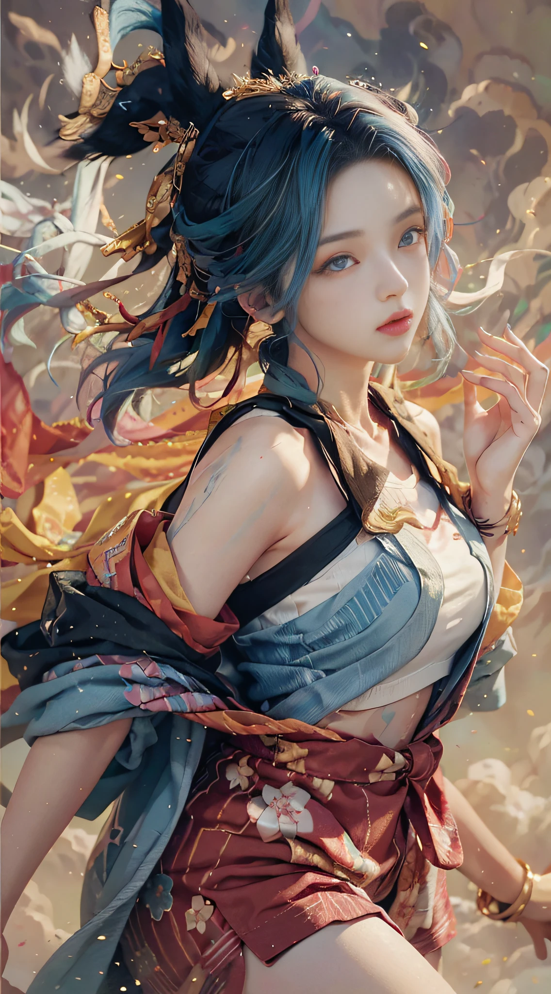 ((( detailed anima face))), ((beautiful detailed face)), ((colored hair)), ((striped hair)), ((gradient eyes), ( (colored eyes)))), (white cloud background))), (high saturation))), ((surrounded by colorful splashes)))) close-up of a woman in a blue jacket and shorts, she is wearing streetwear, guviz-style artwork, newspaper style, guvitz, magazine collage style, electronic girl, e-girl, Trends on CGSTATION, Japanese streetwear, anime style mixed with Fujifilm, inspired by Zheng Yanjun, realistic !!!!! Art style