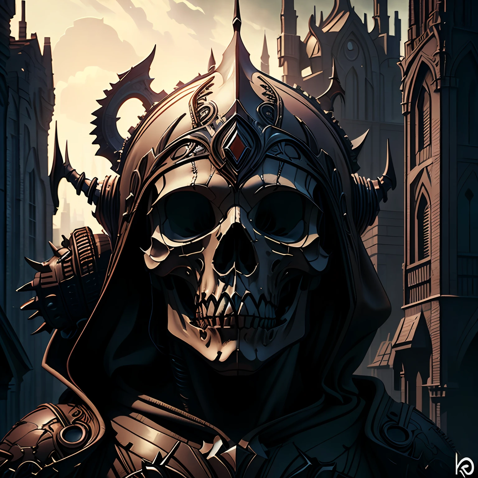 a close up of a skull wearing a hood and a hoodie, hooded skull, hr giger. 8 k, black octane render, fantasy skull, tilt shift h.r giger background, dark but detailed digital art, highly detail. octane render, super detailed octane render, amazing octane render, insanely detailed octane render, created in octane render, intricate artwork. octane render --auto
