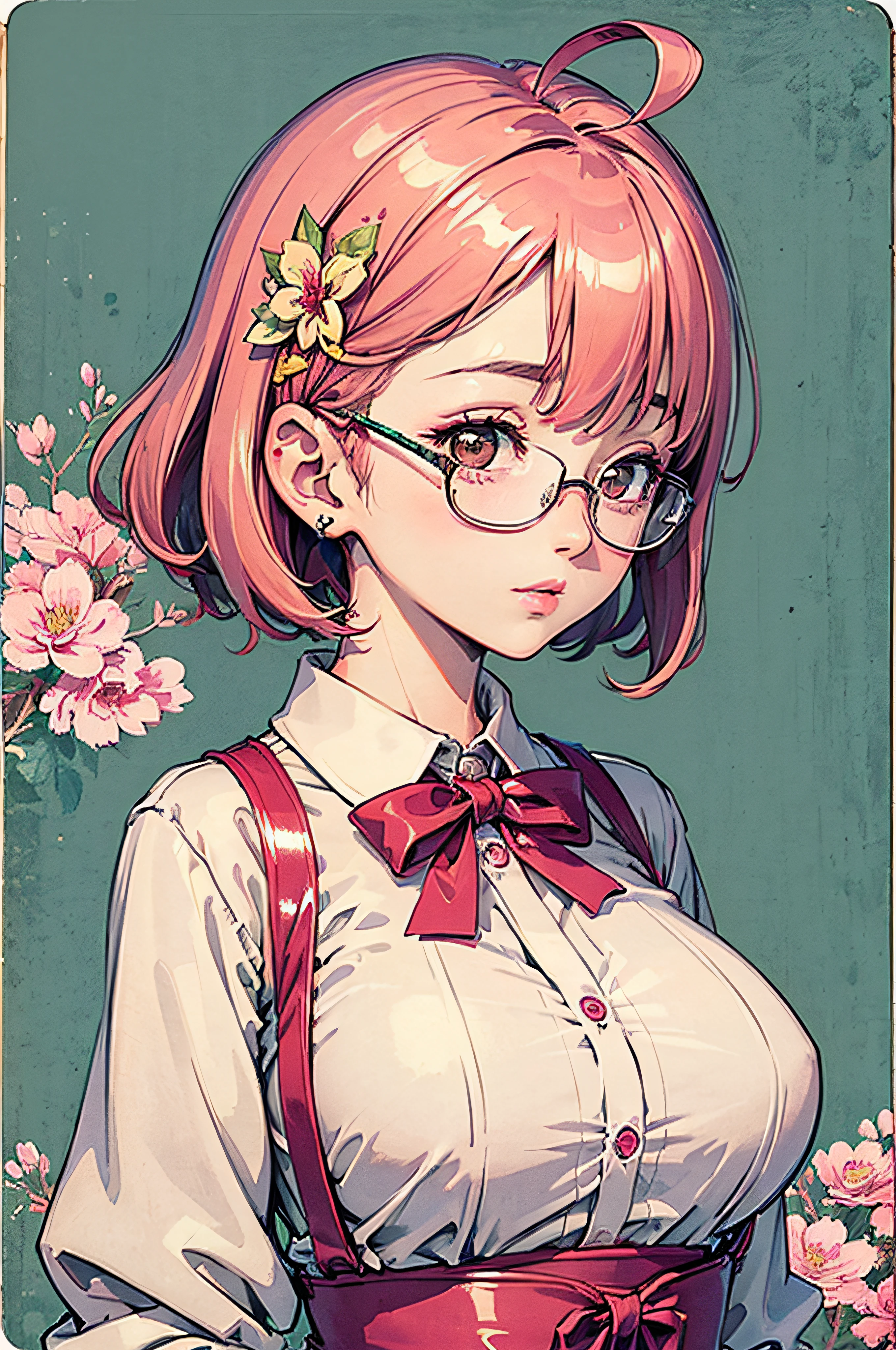 (masterpiece:1.2, best quality), (dinamic lighting) 1lady, solo, short hair, big breasts, (shiny skin:1.2), upper body, glasses, modern, wavy pink hair,pink Suspenders, flower on ear, harajuku style, hair pin, ,ahoge
