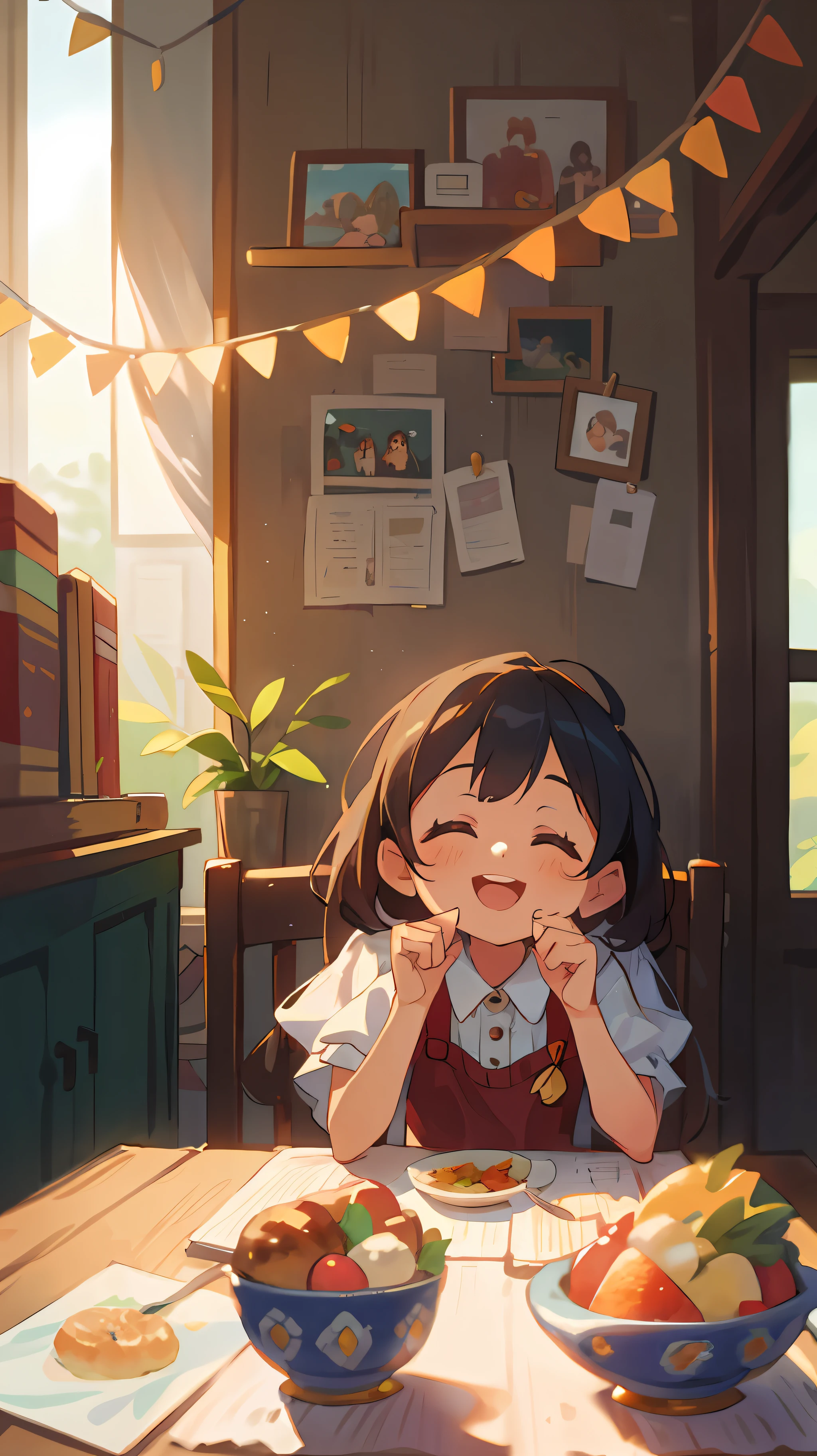A  who has a lot of good food in front of him, good food, restaurant, many balloons, happy, happy, festive atmosphere, sunset, backlight, perfect quality, clear focus (clutter-home: 0.8), (masterpiece: 1.2) (Realistic: 1.2) (Bokeh) (Best quality) (Detailed skin: 1.3) (Intricate details) (8K) (Detail eyes) (Sharp focus), (Happy)