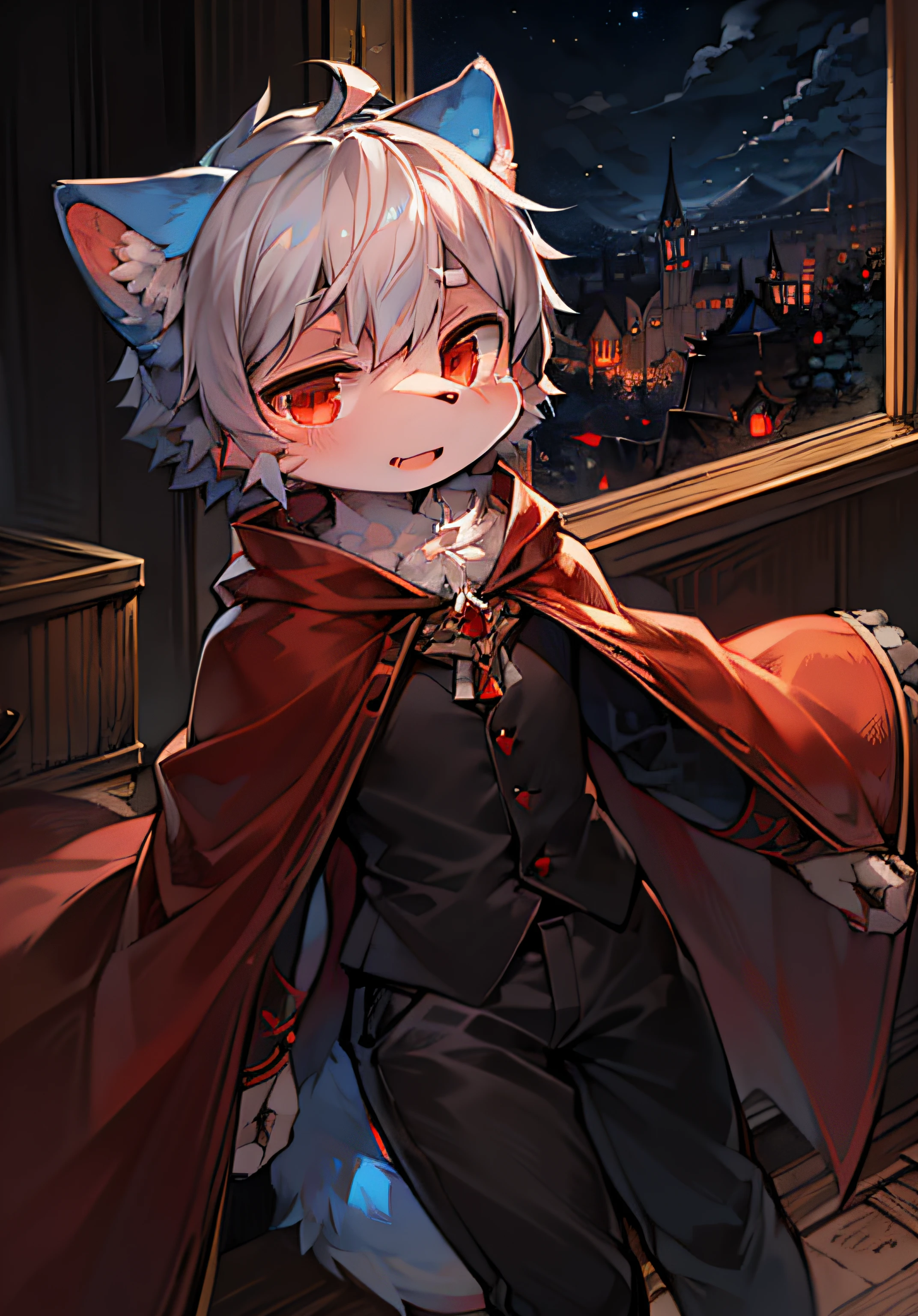 (Dark Environment: 0.8), Masterpiece, High Quality, Abstract Res, Digital Painting\(artwork\), by Dagasi, Yupa, Kiyosan, (Anthro, Fluffy Fur, Character Focus: 1.1), Anthro Male Cat, Short Hair, Portrait , bright eyes, panorama, character focus. (background: 0.7), solo, furry, furry male, male focus, anthr, (full body fur, fluffy tail, white and blue fur, red eyes, gray hair: 1.2), (canids, vampires, capes: 1.2), (interior, night, castle, coffin: 1.1)
