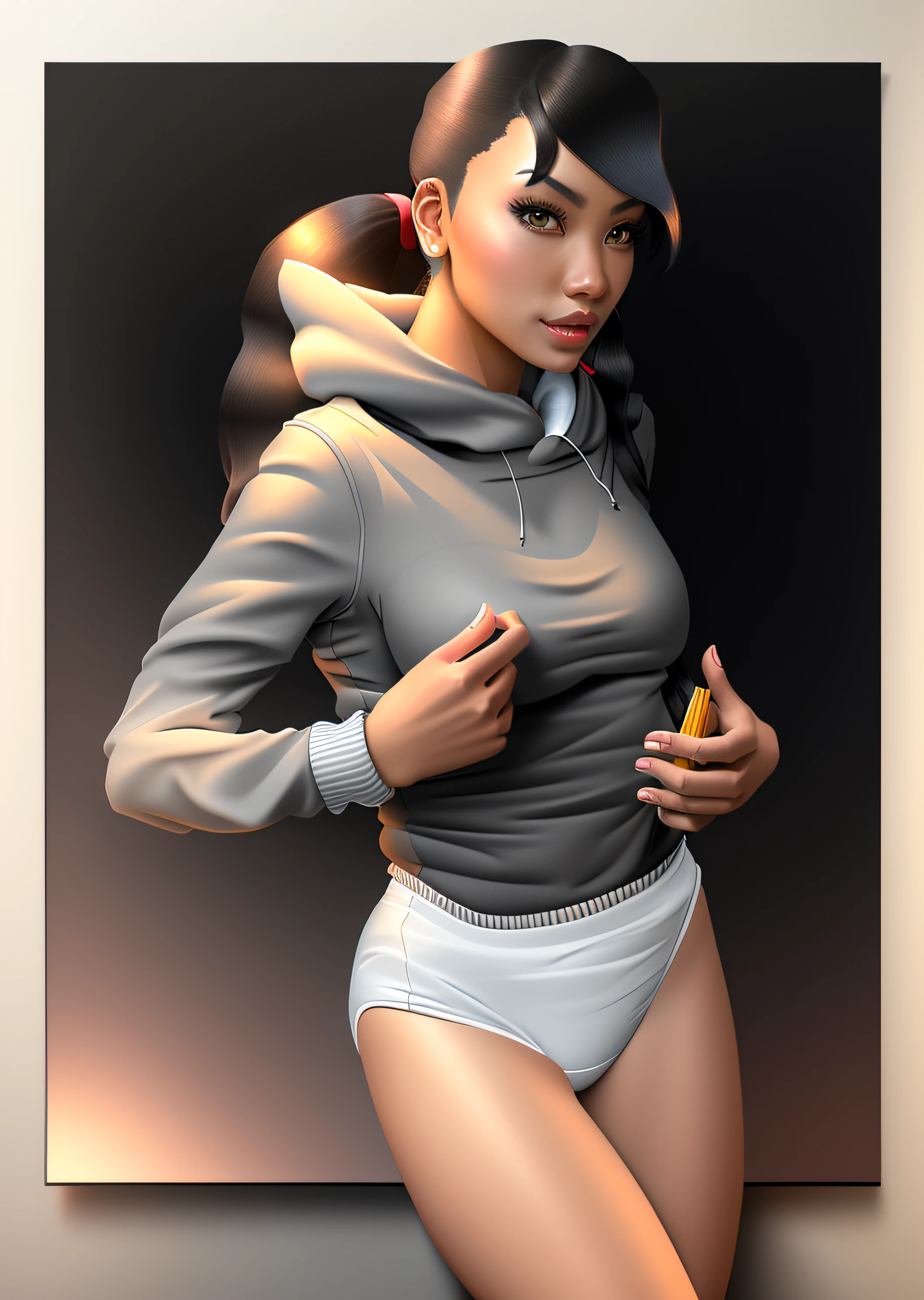 Dark-haired Blasian woman with pigtails, in grey hoodie, and white cotton panties, realistic art style, intricate details