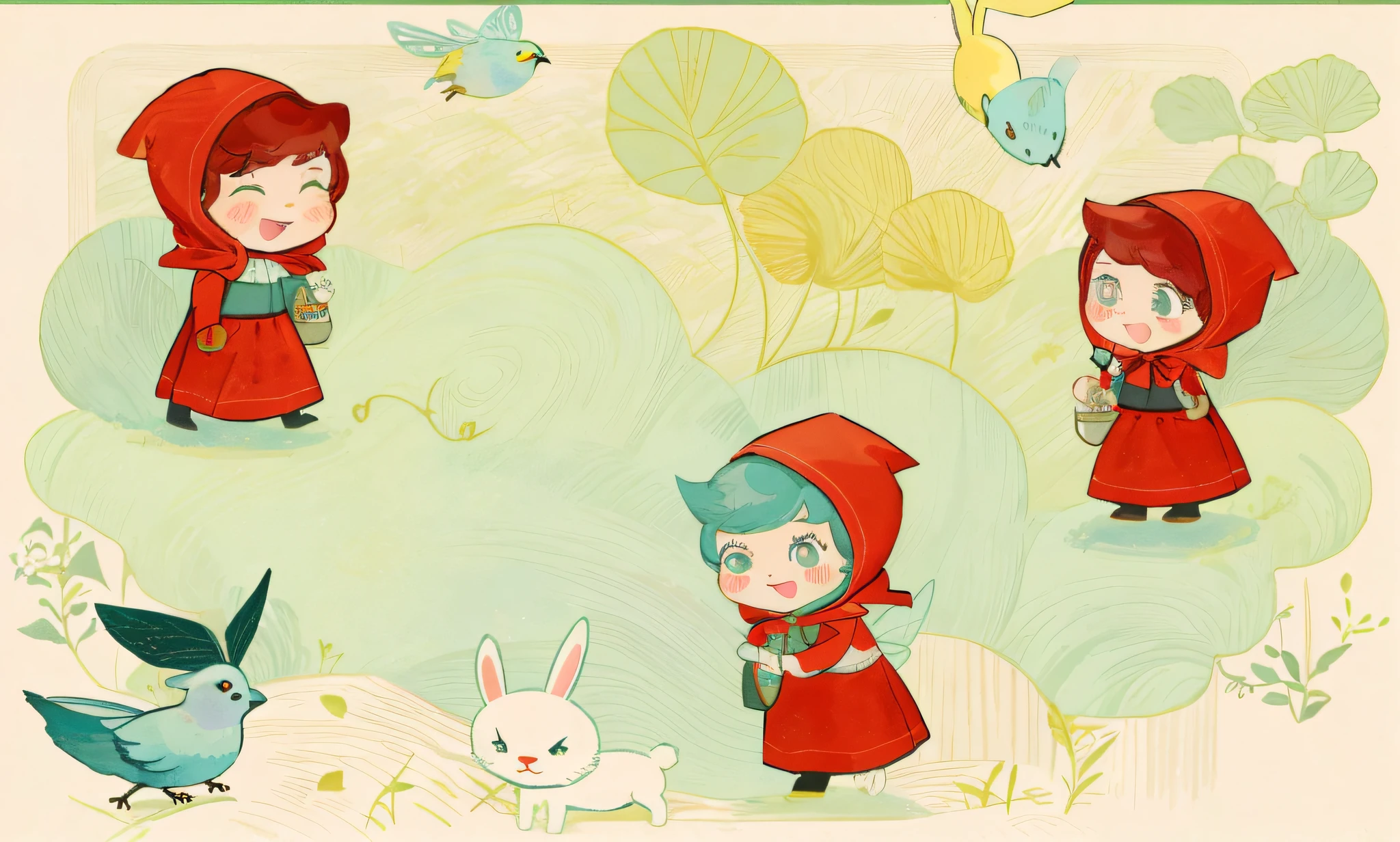 A girl and a rabbit cartoon with fox and bird, Little Red Riding Hood, fairy tale illustration style, Little Red Riding Hood, fairy tale style background, cute storybook illustration, fairy tale illustration, little red riding hood, storybook illustration, fairy tale illustration, storybook illustration, kids illustration, storybook illustration, girl, storybook illustration, cute, full hands, full expression, full cartoon face. Lawns, woods.