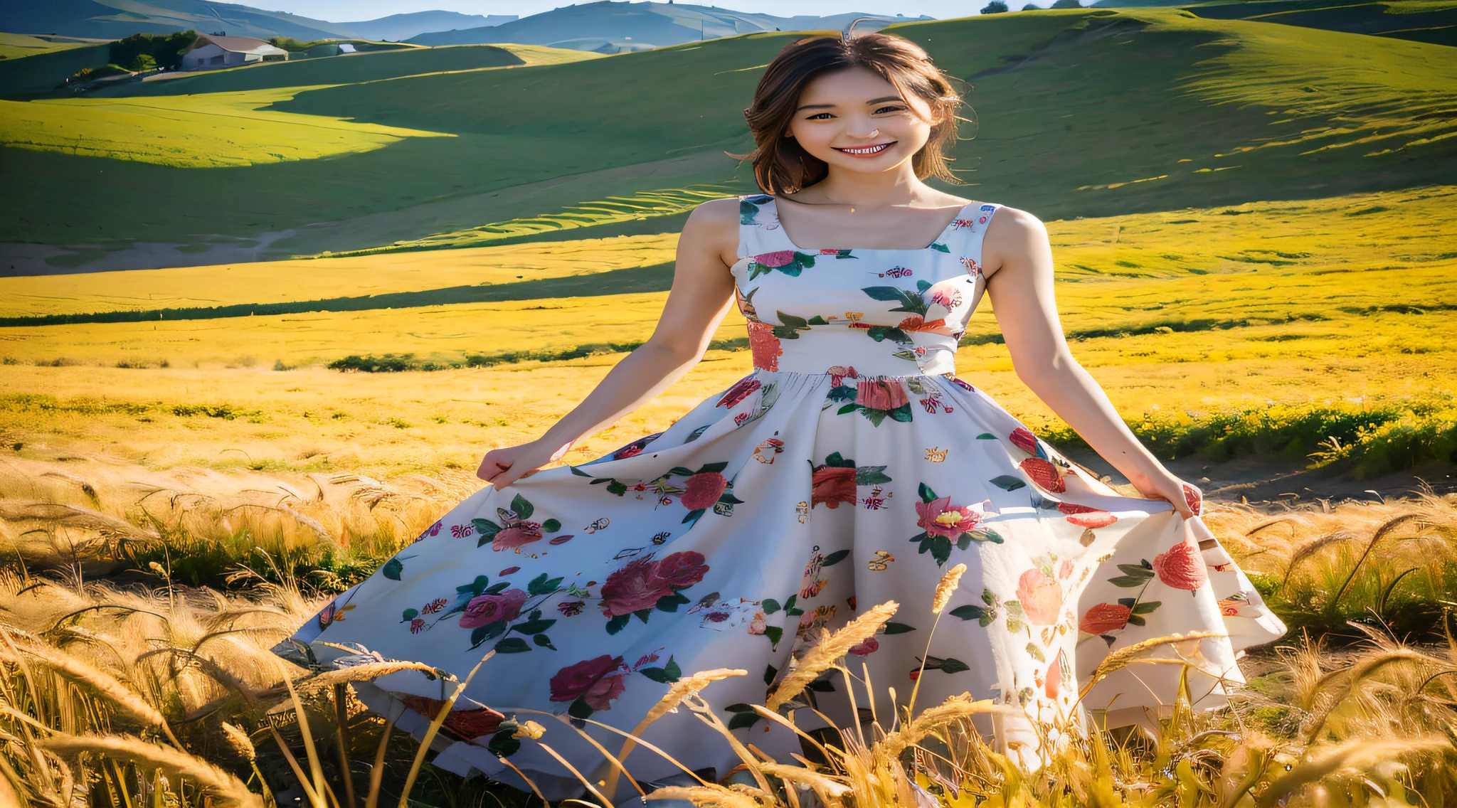 arafed woman in a floral dress standing in a field of wheat, floral art novuea dress, romantic dress, flower dress, dressed in a flower dress, standing in flower field, flowery dress, wearing a long flowery dress, standing in a flower field, gorgeous lady, photoshoot, lady with glowing flowers dress, floral dream, sha xi