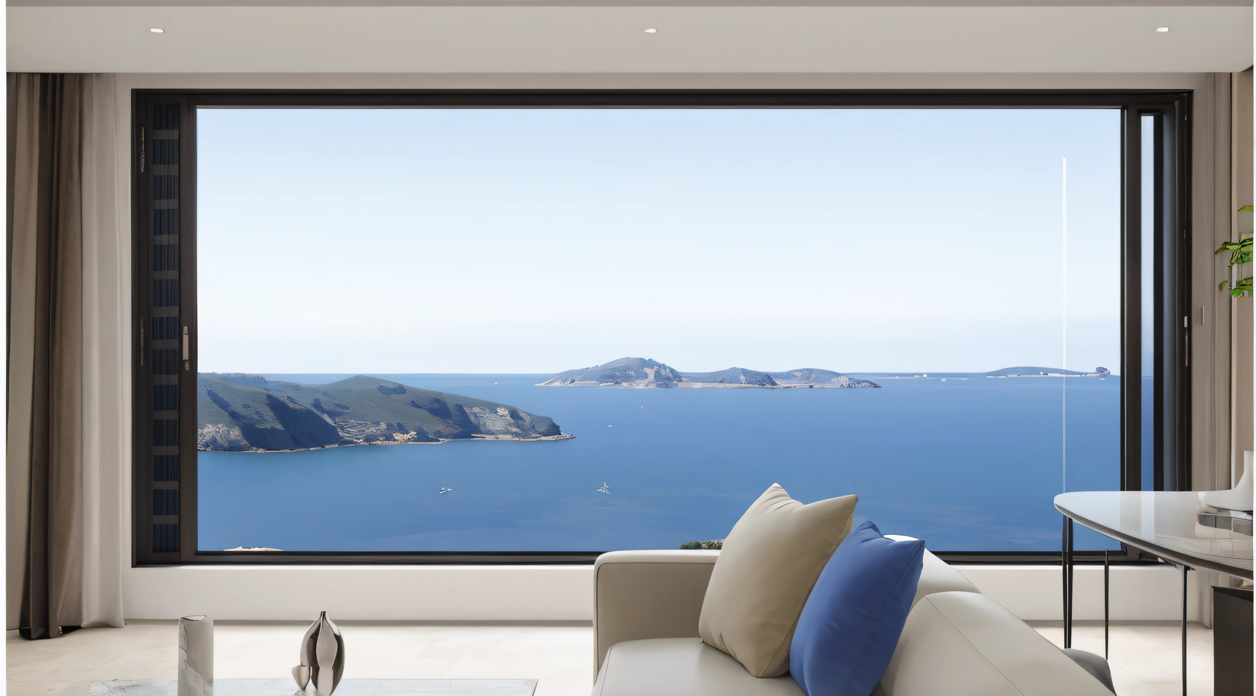 Alafid view of living room with large windows overlooking the sea, expansive floor-to-ceiling windows, sea view, large glass windows, Mediterranean vista, sea view, hyperrealistic rendering, seascape, expansive view, surreal rendering, award-winning digital rendering, photorealistic rendering, award-winning rendering, panoramic widescreen view, ultra-realistic, 8K ultra-HD resolution
