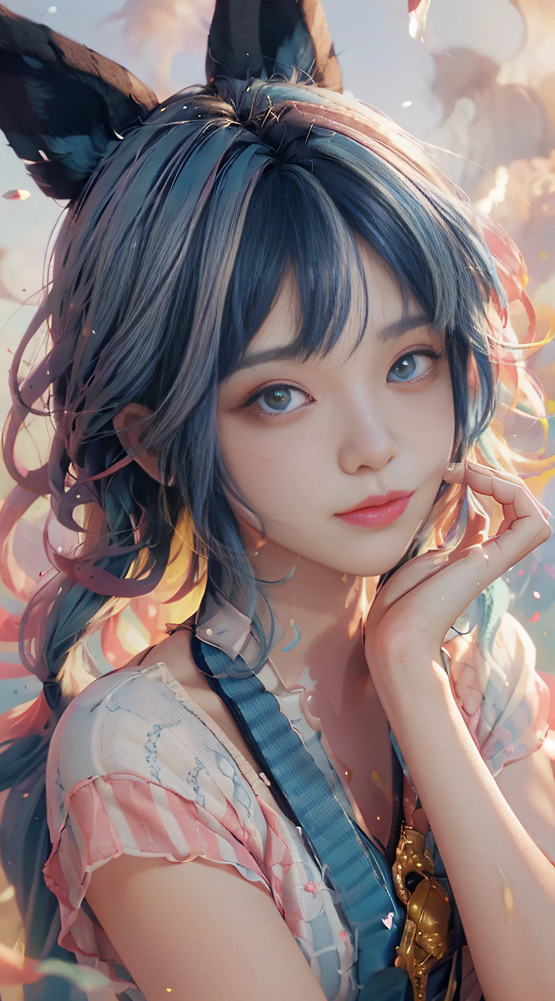 ((( detailed anima face))), (((beautiful detailed face)), ((colored hair)), ((striped hair)), (gradient eyes), ( (colored eyes))), (white cloud background))), (high saturation))), ((surrounded by colorful splashes))