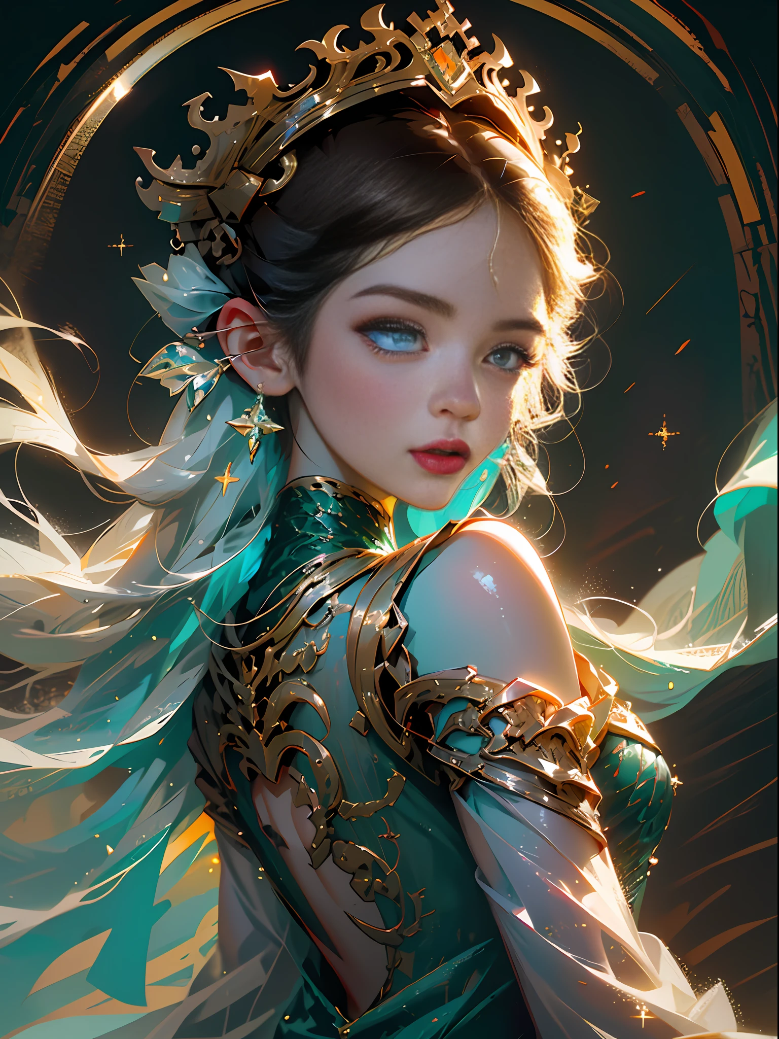 (Best Quality, Masterpiece), Dragon Maiden, Brunette Girl, Blue Behind Back, Side Head Back Pose, Light Particles, Wrapped Gold Filigree, Delicate Headdress, Extremely Detailed Face, (Anatomically Correct), Exquisite Details, Breeze, Cool Color Picture, Upper Body, Dragon Church Background, Surround Light, Elsa from Frozen, Brunette Temperament Girl, Milky Way, Perfect Eyes