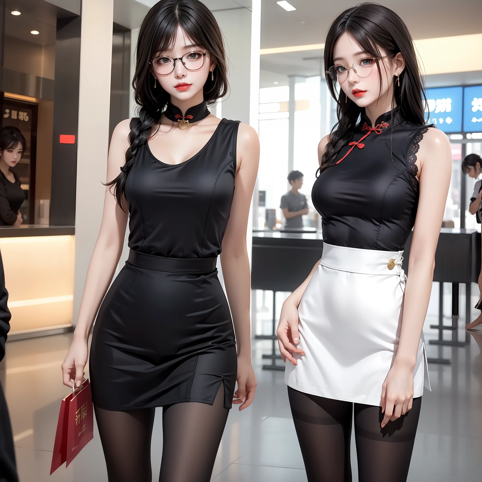 Beautiful girl high school student, wearing glasses, masterpiece, light makeup, red lips, coiled hair, side braids, shopping mall background, beautiful and elegant. Ultra-fine details, master works, real texture, cinematic lighting realism, perfect works, 8k, high definition, exquisite facial features. Fitted cheongsam with sexy tights and a pear-shaped figure. Rounded hips, slender little waist, sexy chest, vest line, collarbone, bright big eyes, smooth skin, earrings, tattoos, short and cute beautiful legs. Deep in the human, cat cherry lips. Perfect waist-hip ratio. Peerless looks