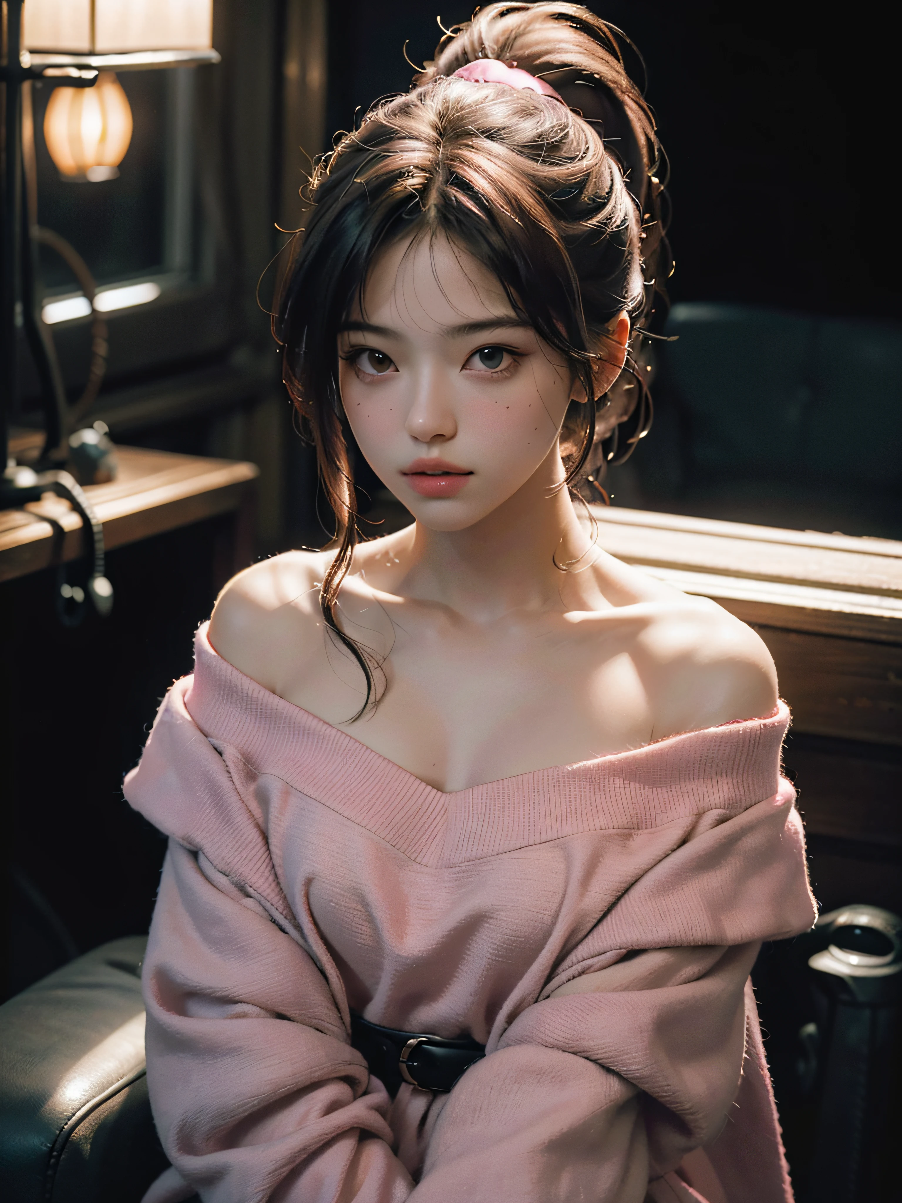 Best Quality, Masterpiece, Ultra High Resolution, (Realisticity: 1.4), Original Photo, 1girl, Pink Off-the-Shoulder, Cinematic Lighting, ponytail messy hair, lips reflect, light on face,