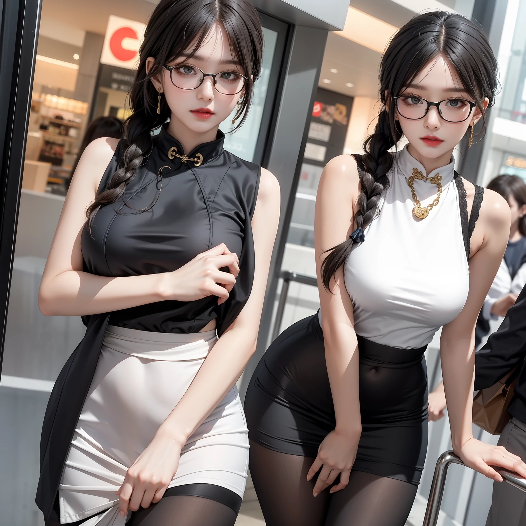 Beautiful girl high school student, wearing glasses, masterpiece, light makeup, red lips, coiled hair, side braids, shopping mall background, beautiful and elegant. Ultra-fine details, master works, real texture, cinematic lighting realism, perfect works, 8k, high definition, exquisite facial features. Fitted cheongsam with sexy tights and a pear-shaped figure. Rounded hips, slender little waist, sexy chest, vest line, collarbone, bright big eyes, smooth skin, earrings, tattoos, short and cute beautiful legs. Deep in the human, cat cherry lips. Perfect waist-hip ratio. Peerless looks