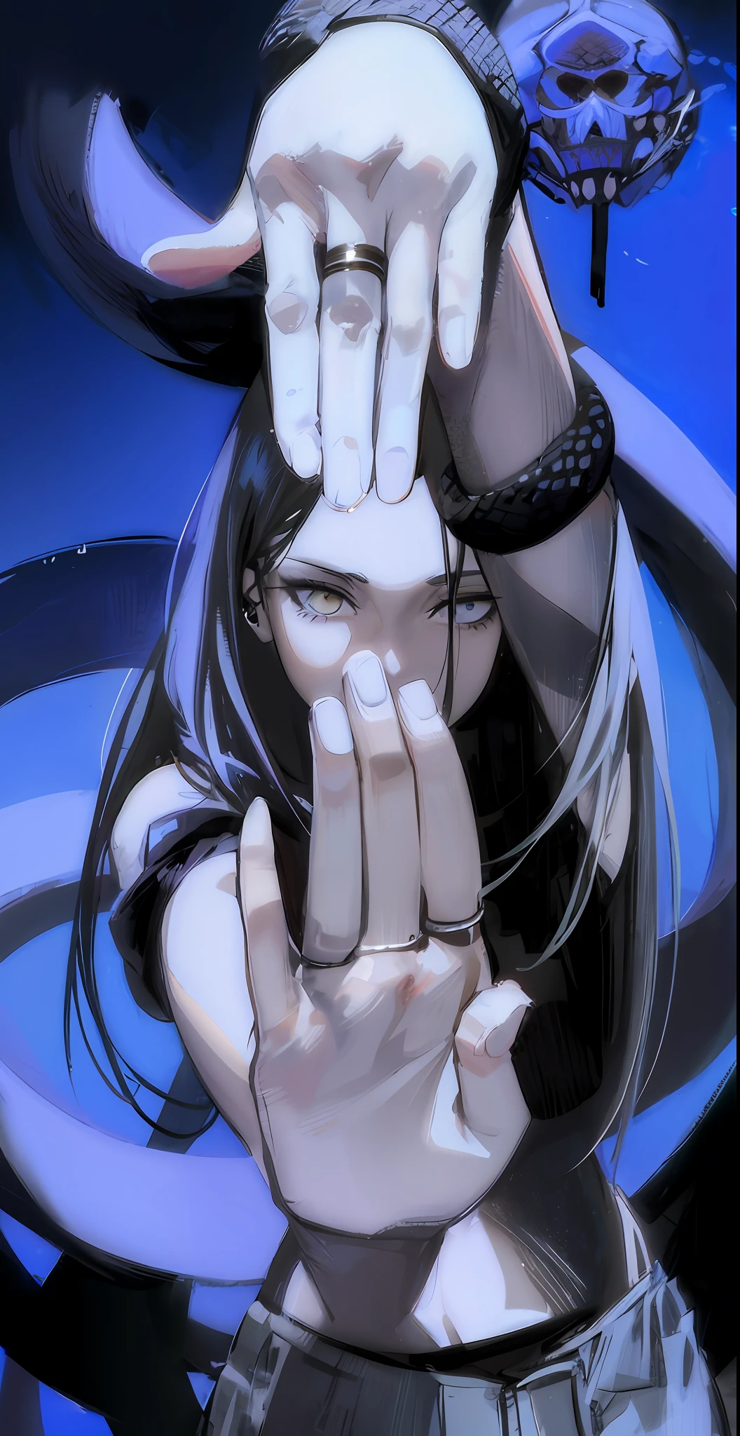 anime girl with a snake on her head and a snake on her hand, portrait of sadako of the ring, in the anime series ergo proxy, albedo from the anime overlord, albedo from overlord, fine details. anime. tentacles, digital anime illustration, akali from league of legends, digital anime art