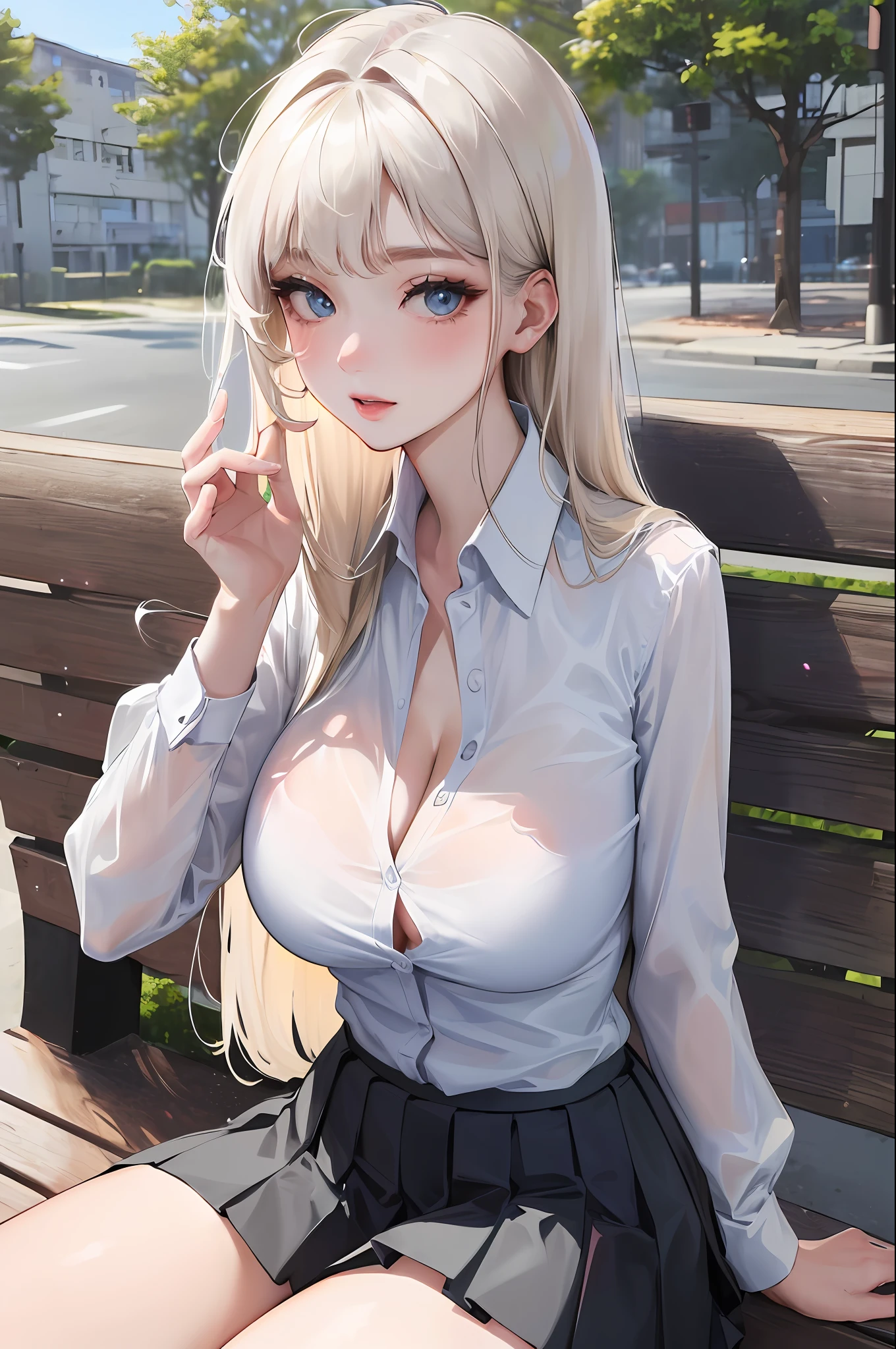 official art, masterpiece, sharp focus, (beautiful gorgeous cute Korean woman:1.3), (beautiful cute korean:1.3), korean beauty, Delicate and beautiful hair and eyes and face, realistic, ultra detailed, beautiful girl, blue sky, glow white particle, (sidelighting:1.2), slender, Lovely, very huge breasts and wide hips, massive breasts, pink blush on breasts, holding breasts, panty under skirt, up skirt, uplifting skirt, ((shy and aroused)), looking at viewer, scenery, long straight hair, sexy facial expression, sitting on bench, one leg up, dynamic hair, long straight hair, detailed platinum blond hair, glow blue eyes, (grey pleated skirt+transparent unbuttoned shirt), pale skin, at school