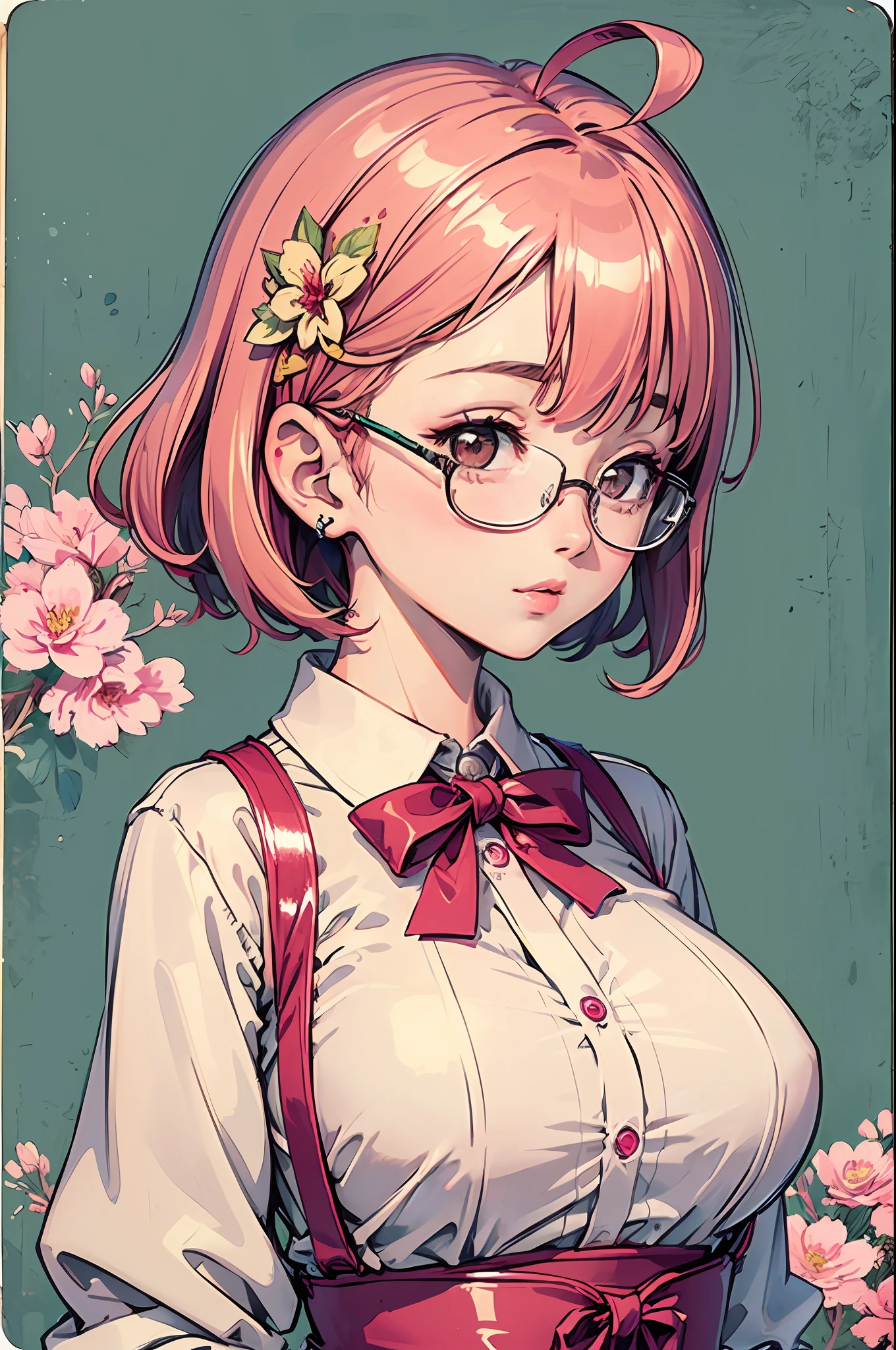 (masterpiece:1.2, best quality), (dinamic lighting) 1lady, solo, short hair, big breasts,  (shiny skin:1.2), upper body, glasses, modern, wavy pink hair,pink Suspenders, flower on ear, harajuku style, hair pin, loli ,ahoge