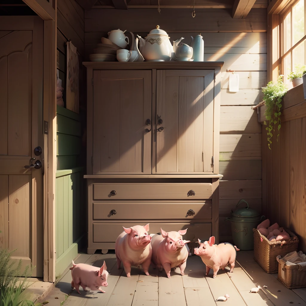 Pigsty, four pigs, tea party