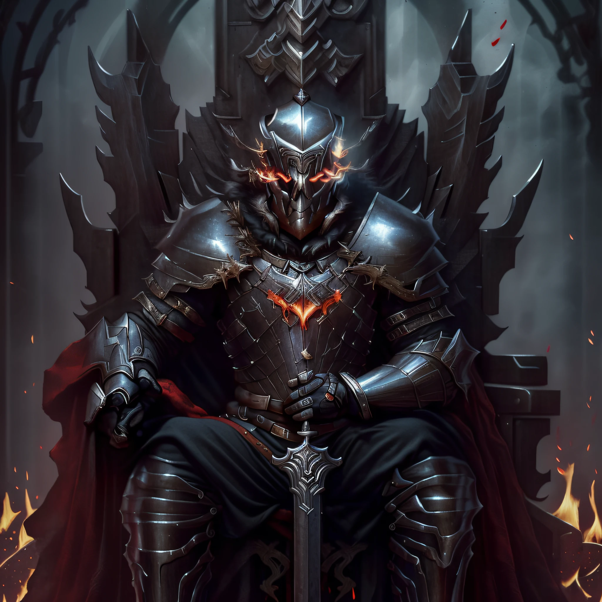 20-year-old white male Short brown hair, perfect 5-inch hands The strong body of fiery red eyes sat on a medieval throne, carrying a blood-red bladed sword, wearing black metal armor.