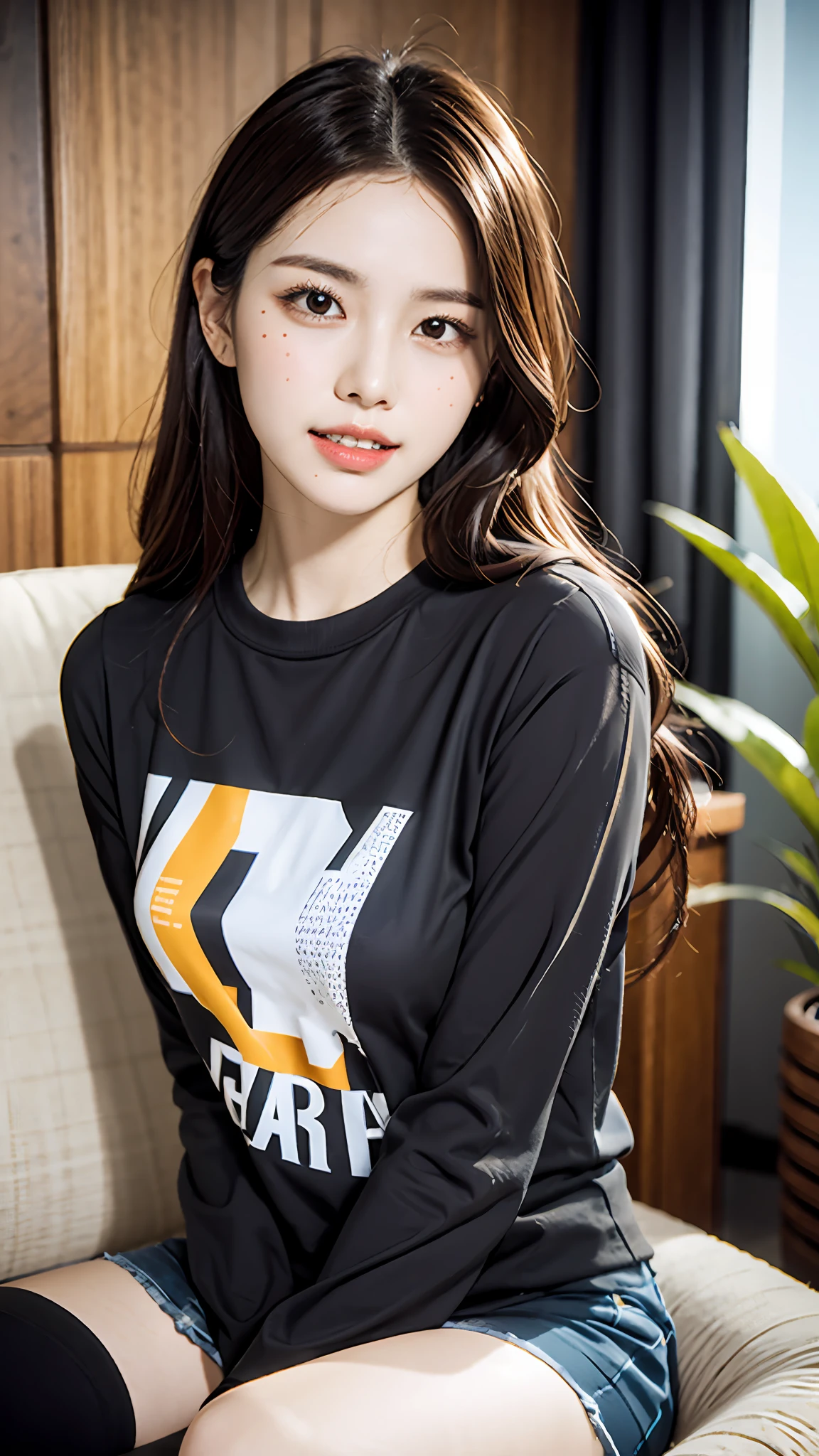[25-year-old male],[face: round], [eyes: almond eye shape, brown color, thick and curved eyebrow shape], [Nose: Sticky shape, small hole], [Mouth: thick lip shape, Neat teeth], [Chin: Tyre chin shape, Sunken chin], [Hair: Long hairstyle, black color,], [Ears: Small ear shape], [skin: white skin color, Smooth skin texture], [Facial expression: smile], [Activity: Sitting on the sofa in the living room],
[Top clothes: T-shirt, brown color, plaid pattern, delicate texture, casual wear style, folded clothing design, well-maintained clothing condition]
Professional photograph of a stunning woman detailed, cinematic lightning, octane render, unreal engine, volumetrics dtx