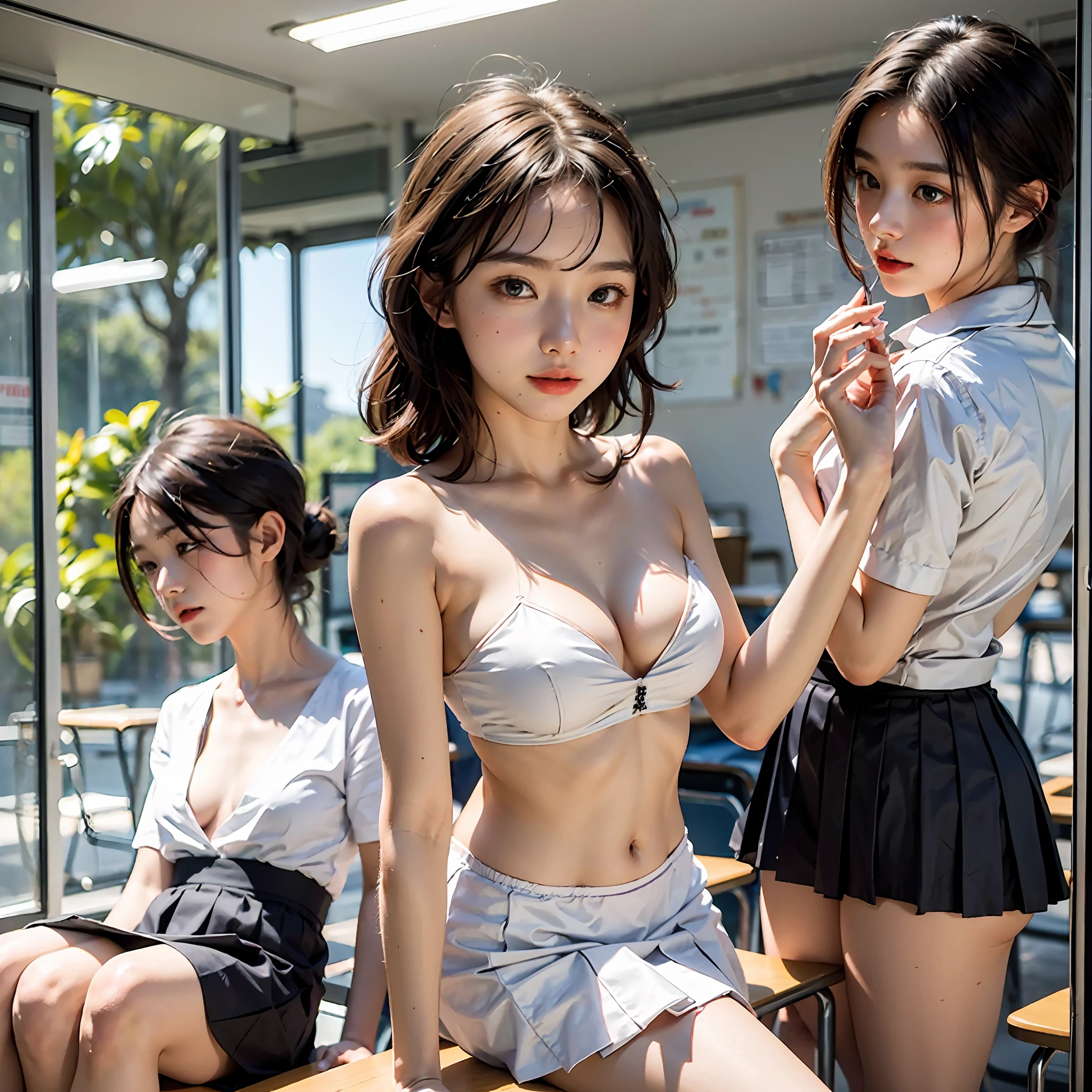 In the physical examination in the school classroom, several delicate-looking junior high school girls wore school uniforms, exposed their, exposed flat breasts, slender, naked, of the highest quality, super clear