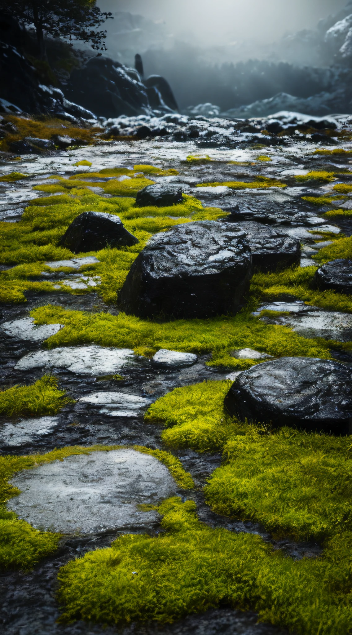 Best quality, masterpiece, black earth, black stone, moss, grass, snow mountain, backlight, Hideo Kojima, death stranding
