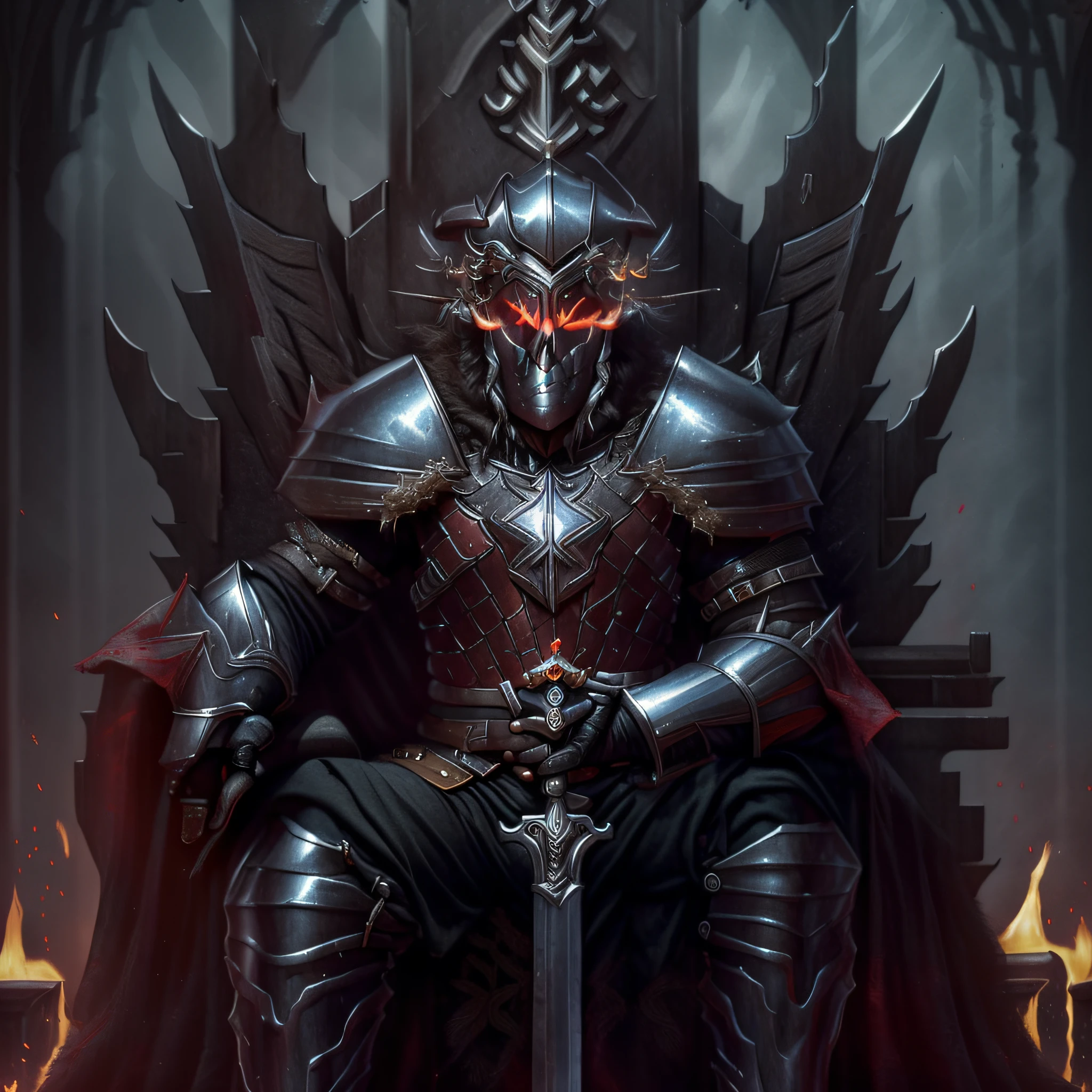 20-year-old white male Short brown hair, perfect 5-inch hands The strong body of fiery red eyes sat on a medieval throne, carrying a blood-red bladed sword, wearing black metal armor.