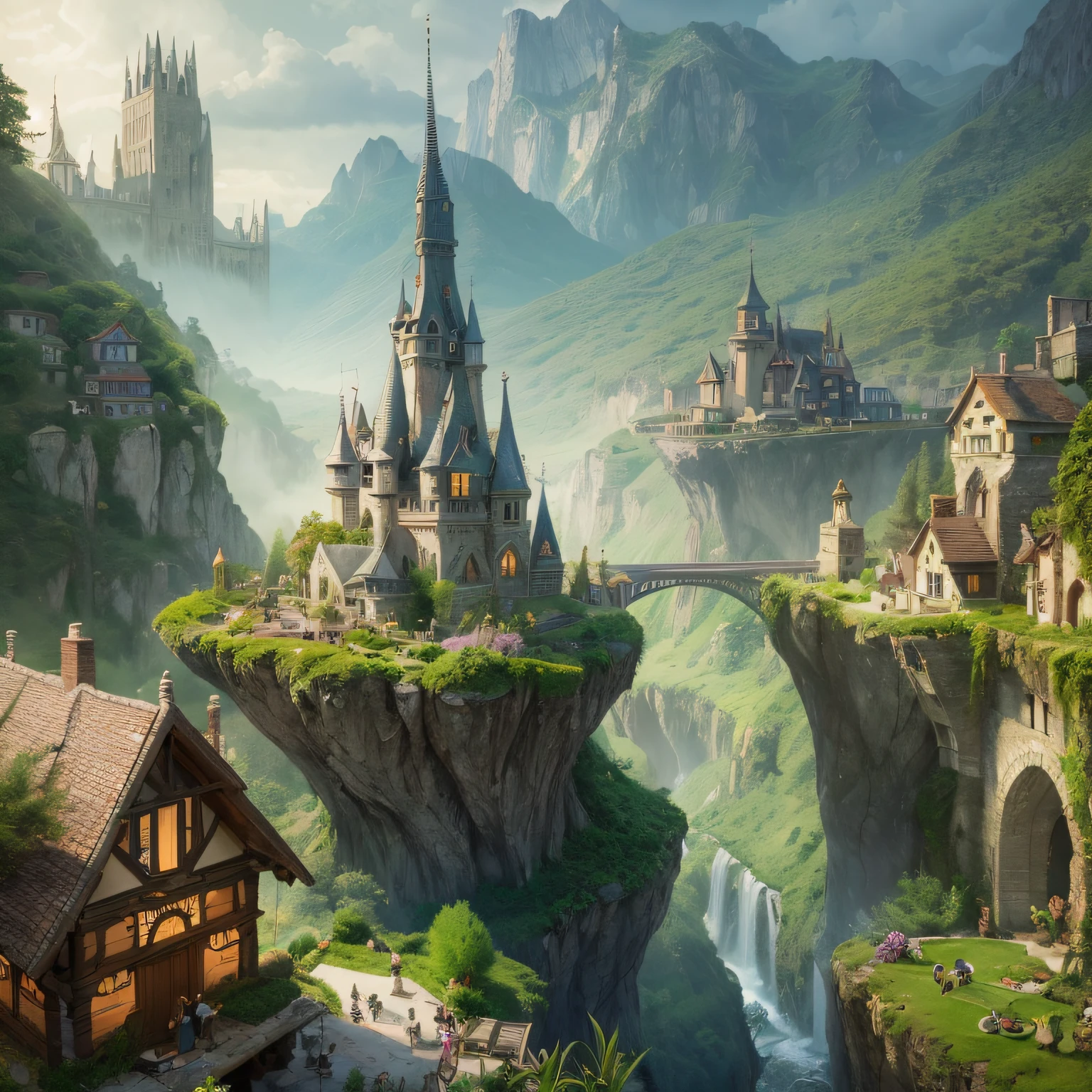 Subrealistic landscape of a fairy tale with trees and houses of goblins and fairies. Digital painting, artstation, concept art, soft focus, sharp, illustration.