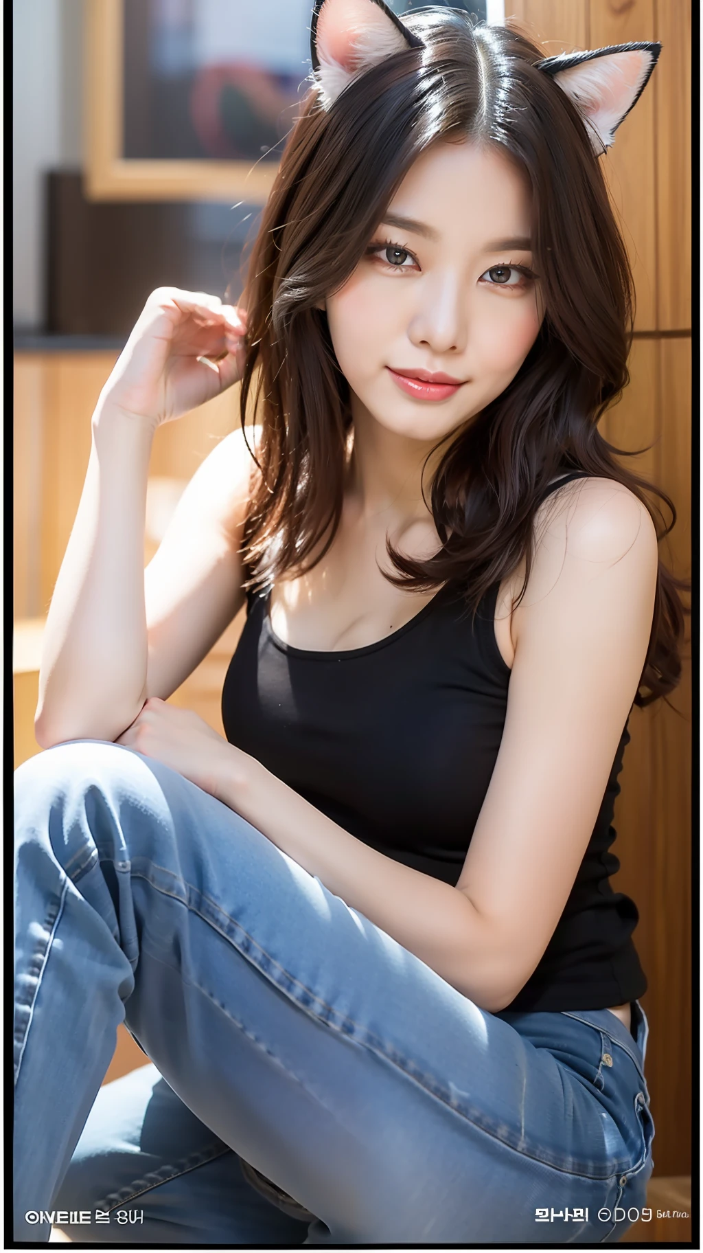 realistic photos of (1 cute Korean star) widow's peak, thin makeup, medium breasts size, slightly smile, wearing sleeveless shirt, and jeans, rest one's chin on one's hands, in the cat cafe, sparkle, blending, cut-in, Canon, 135mm, UHD, high quality, 16k