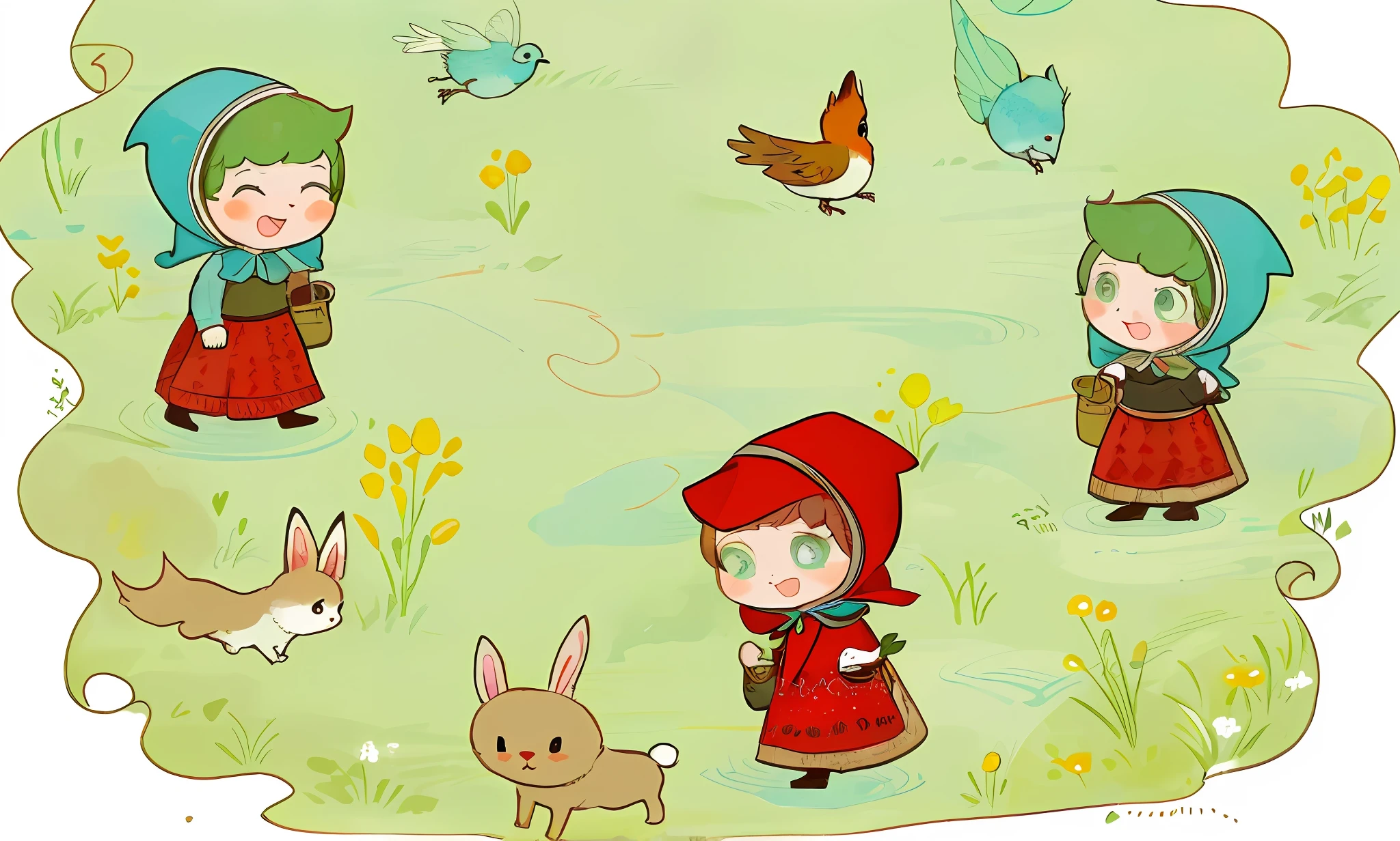 A girl and a rabbit cartoon with fox and bird, Little Red Riding Hood, fairy tale illustration style, Little Red Riding Hood, fairy tale style background, cute storybook illustration, fairy tale illustration, little red riding hood, storybook illustration, fairy tale illustration, storybook illustration, kids illustration, storybook illustration, girl, storybook illustration, cute, full hands, full expression, full eyes, complete cartoon face. Lawns, woods, rich in color.