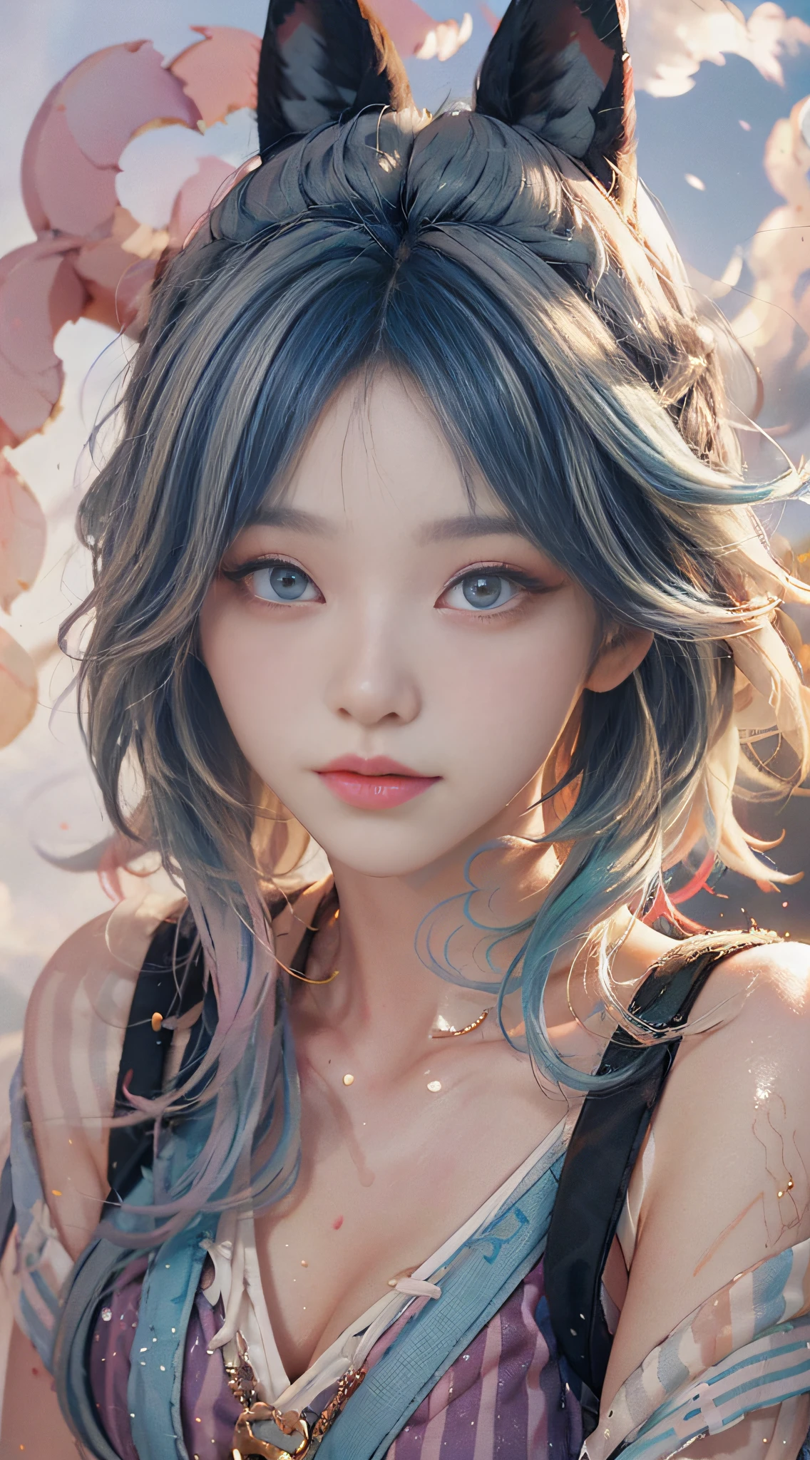 ((( detailed anima face))), (((beautiful detailed face)), ((colored hair)), ((striped hair)), (gradient eyes), ( (colored eyes))), (white cloud background))), (high saturation))), ((surrounded by colorful splashes))
