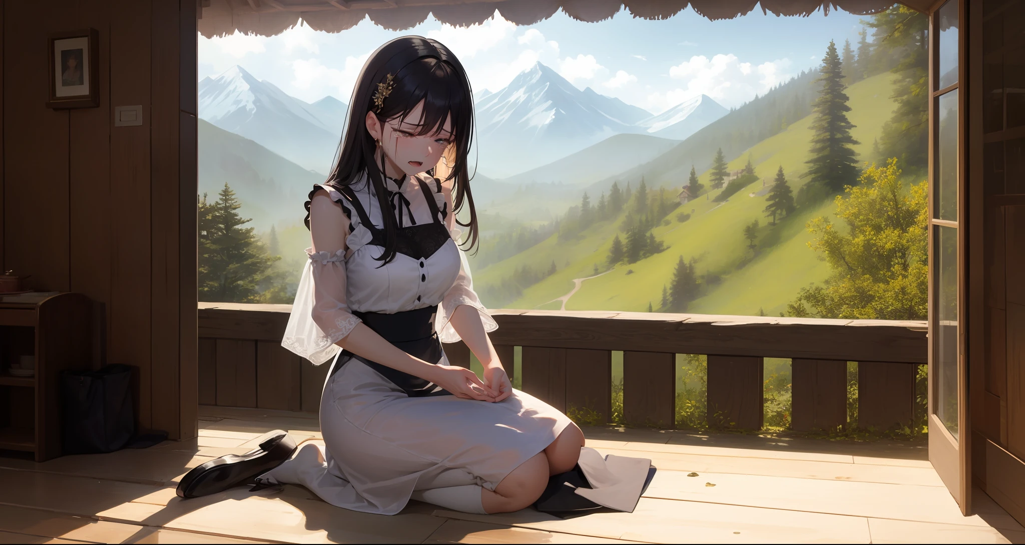 Masterpiece, the best quality, delicate eyes, bright colors, delicate skin, 1 girl, housewife, crying, mouth slightly open, kneeling on the ground, kowtowing, mountain village