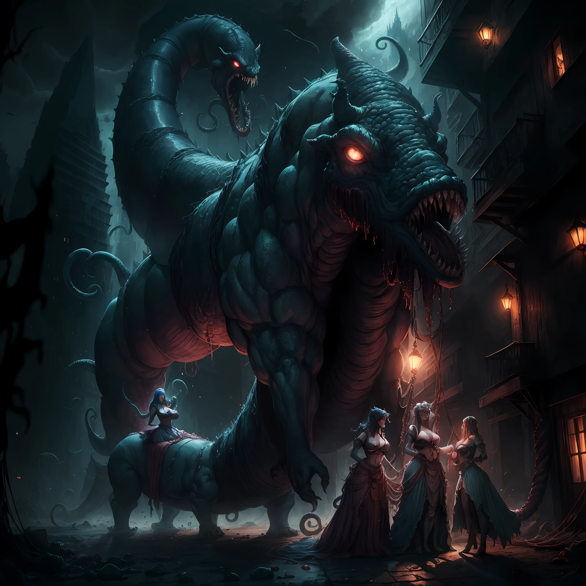 A tentacle man holding four breasts behind his back tentacle girl, goddess, royal sister, slime, parasitic devouring, mucus, nausea, blush shyness, big breasts, bondage binding, rope art, super tall female monster, female monster standing by a tall building, giant female monster man, female monster, huge banshee, behemoth, huge sense of oppression, human centipede, terrifying and beautiful --auto