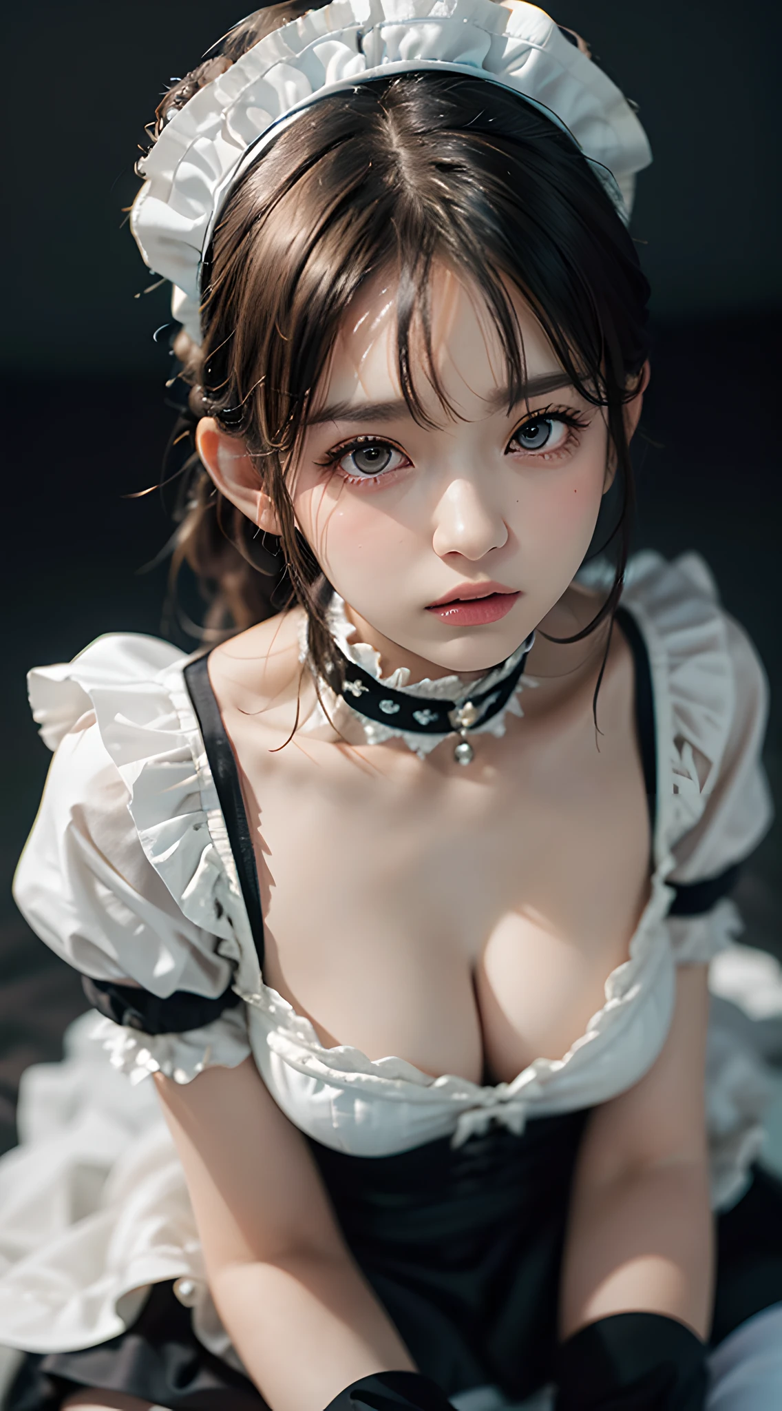 (masterpiece, best quality, upper body, from above, straddling:1.5), beautiful girl, pretty face, gardeniass, 8k, EF 50mm, official art, raw photo, absurdres, warm color, (maid, maid headdress, black thighhighs, zettai ryouiki, short sleeves, wrist cuffs, maid apron, frills, choker, puffy sleeves, cleavage, thighs:1.4), tearfilled eyes, sad, angry, downcast, slender, small waist, thin arms, large breasts, bedroom, no makeup, facelight, soft lighting, flattering lighting, film grain, chromatic aberration, sharp focus, natural, candid, extremely detailed eyes and face, (dark background, bokeh, blurred background:1.1)