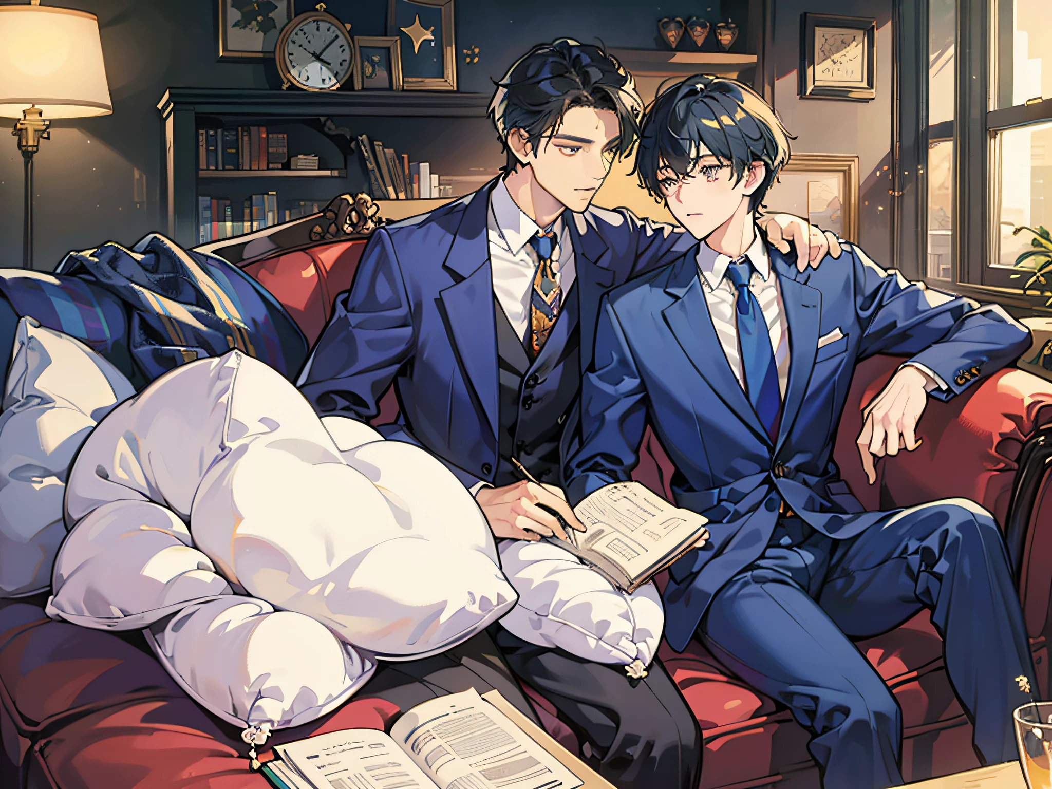 A man, delicate face, in a suit, urban handsome, star, at home, desk, sofa