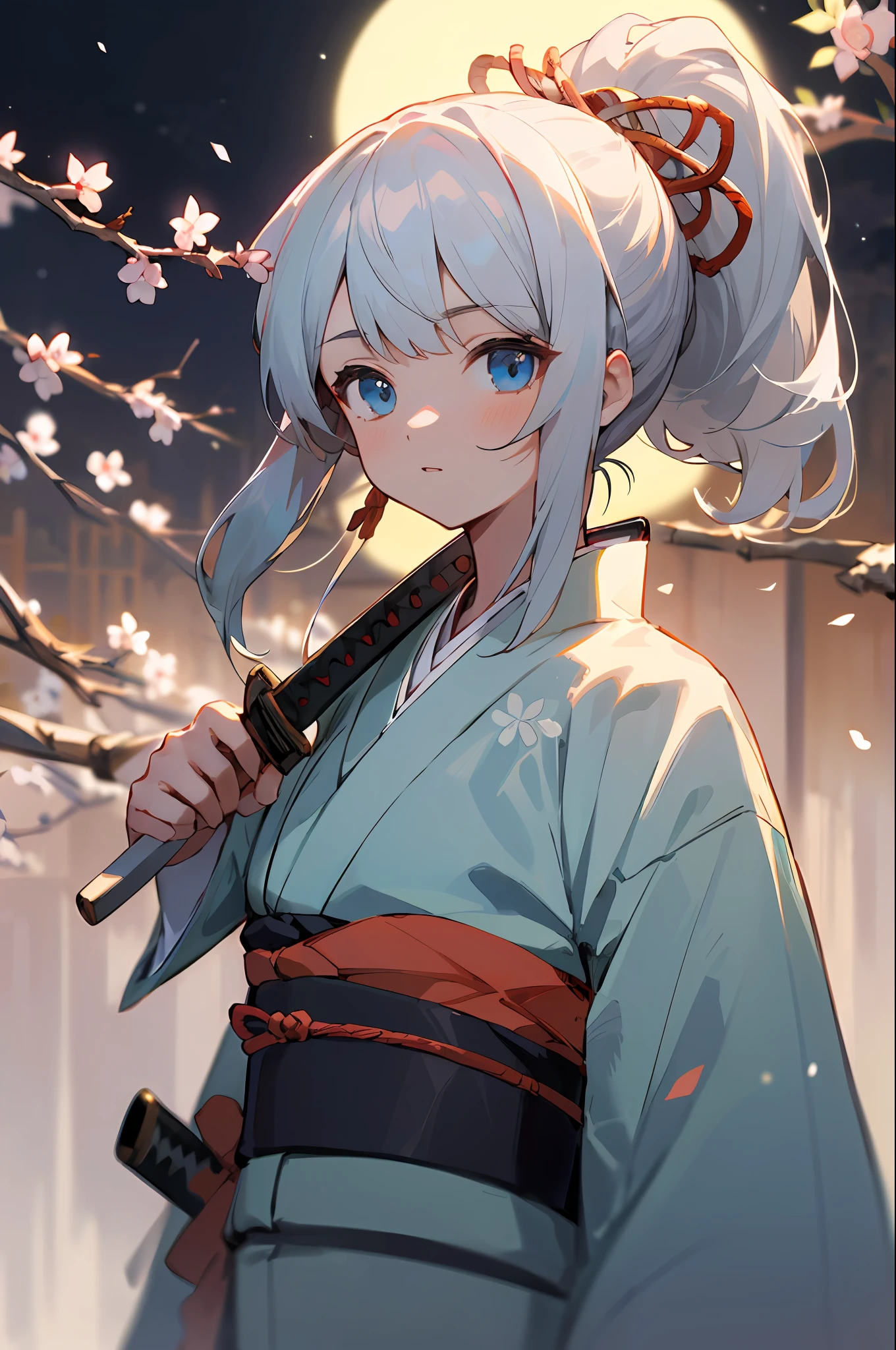 ((Masterpiece, Best Quality)),1girl,Bangs,Blue Eyes,Background Blur,Branches,Silver Hair,Ponytail,Sunglasses,Japanese Clothes,Kimono,Night,(Mon:1.9), Obi, Outdoors, Obi, Solo, Moonlight, Katana