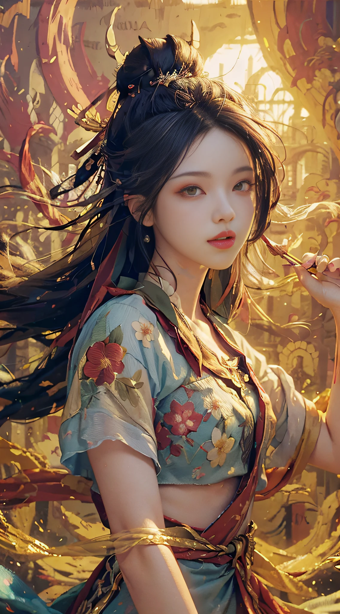 (((masterpiece))), ((best quality))), ((ultra-detailed)), (illustration), (dynamic angle), ((floating)), (paint), ((loose hair)), (solo), (1girl,