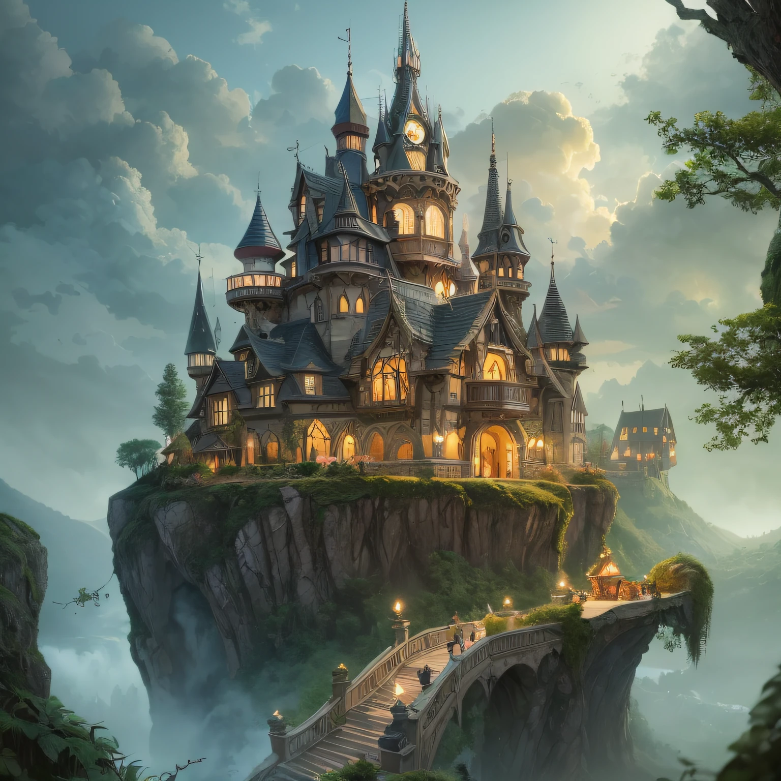 Subrealistic landscape of a fairy tale with trees and houses of goblins and fairies. Digital painting, artstation, concept art, soft focus, sharp, illustration.