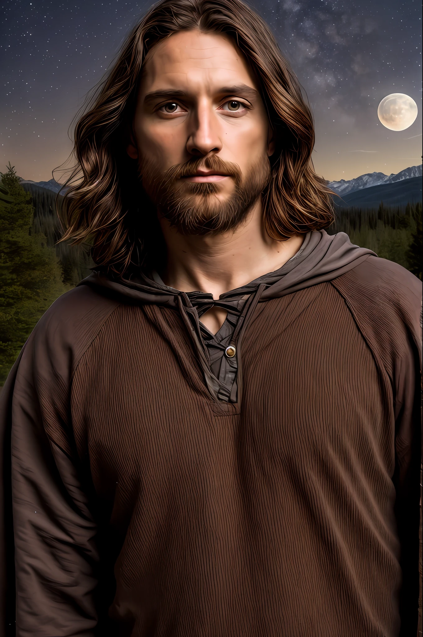1 man, Jesus Christ ((sad)), masterpiece, best quality, ultra detailed, solo, outdoor, (night), mountains, nature, (stars, moon), medieval clothing, tunic, forest, stones, river, wood, smoke, shadows, contrast, clear sky, style, (warm hue, warm tone): 1.2), close-up, cinematic light, side lighting, ultra high resolution, best shadow, RAW, upper body