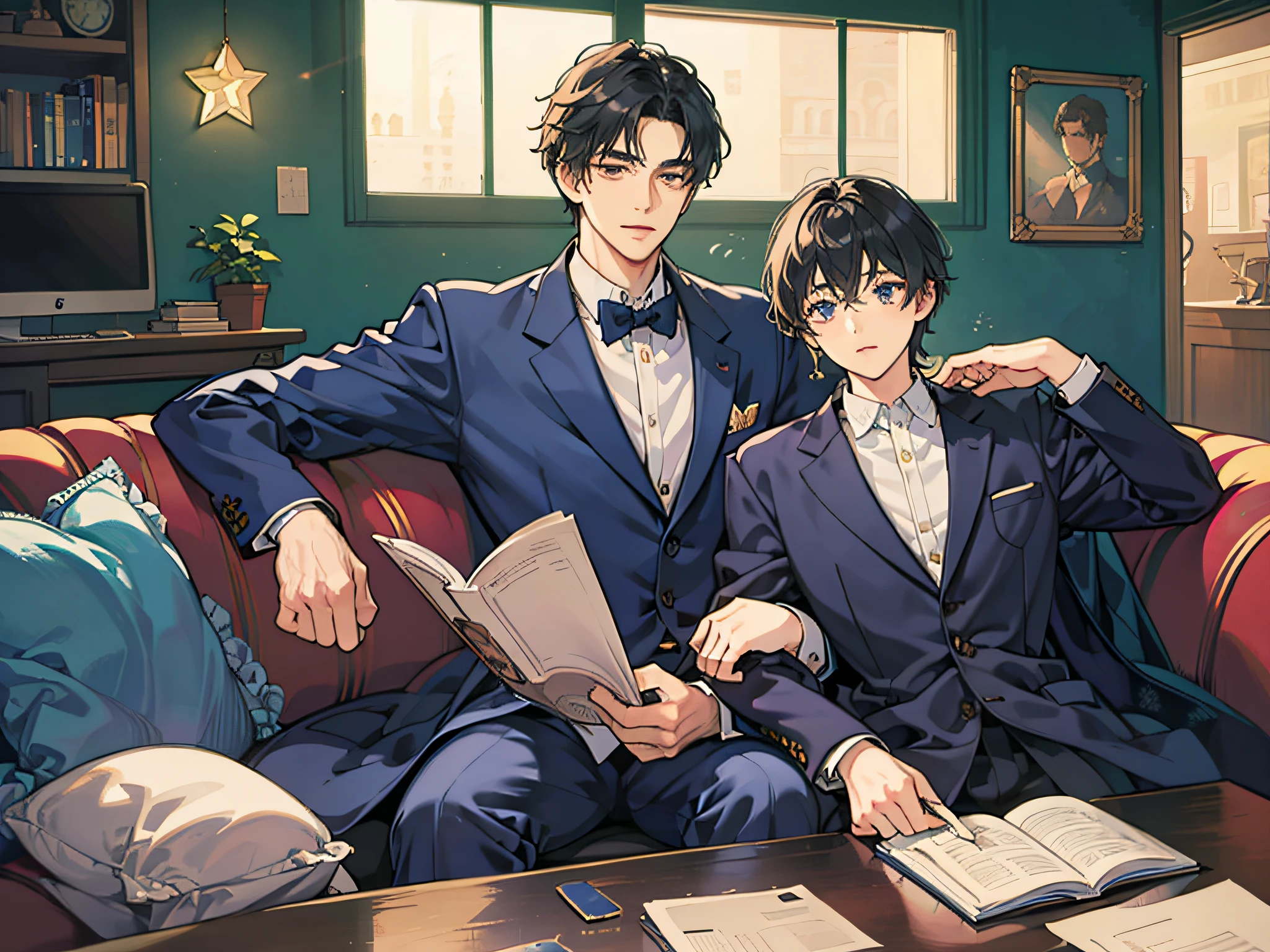 A man, delicate face, in a suit, urban handsome, star, at home, desk, sofa