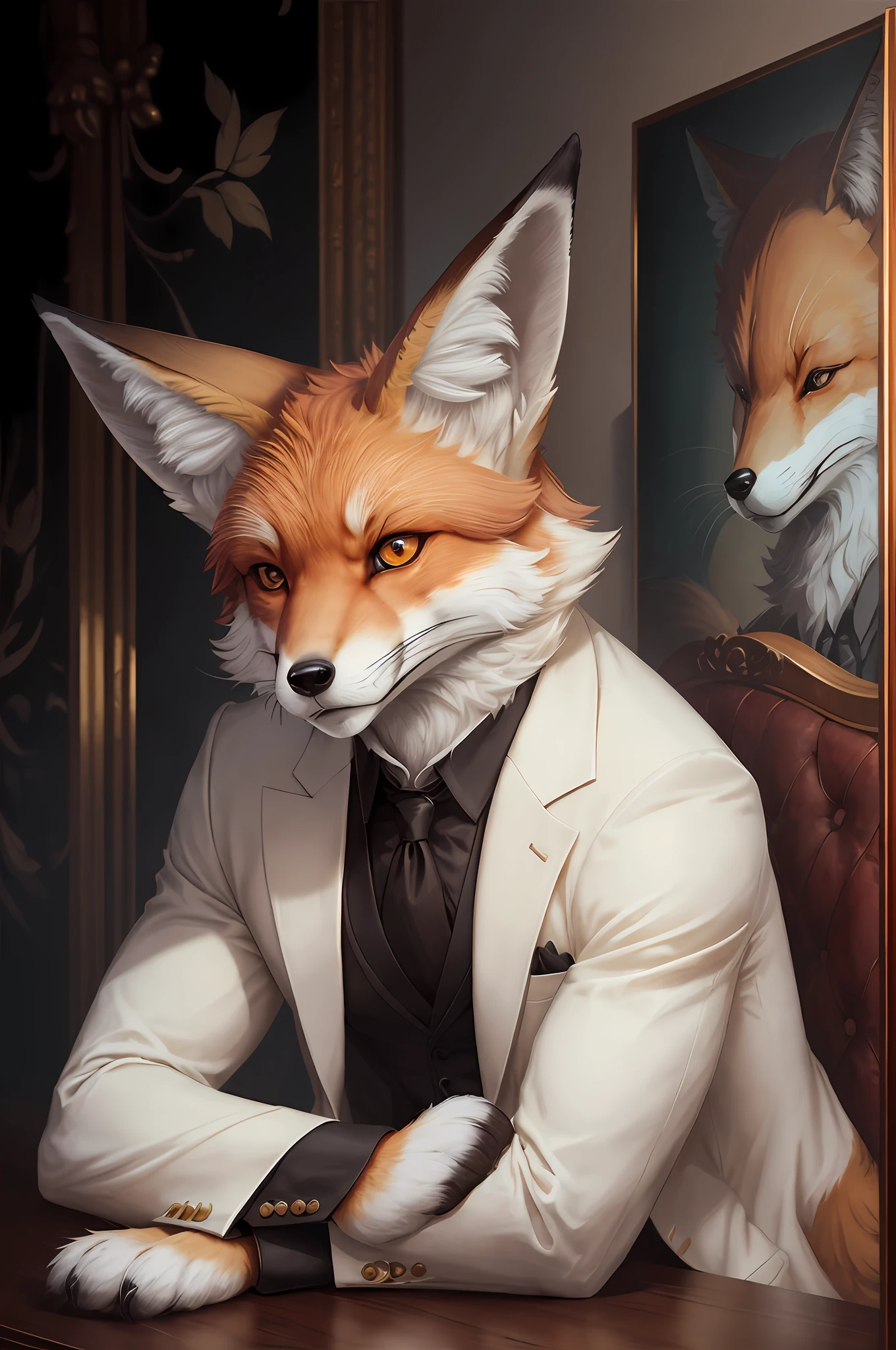 There is a fox sitting at the table in a suit, an anthropomorphic fox, an anthropomorphic fox, a tonic for a fox, a portrait of a human fox, an anthropomorphic furry art, a well-behaved, dignified aristocrat, a gentleman, an epic portrait of elegance, a high-quality portrait, an anthropomorphic cyberpunk fox creates an anthropomorphic fox image with serious manners and looks about 19 years old. He has the reddish-brown fur typical of a fox, smooth and neat. To add a touch of style to his appearance, he wears a white coat as a dress.
The white coat suits him perfectly, adding a sense of sophistication to his overall look. Despite his young age, the fox exudes sophistication, confidence and authority.
Emphasize his anthropomorphic features, such as his upright posture, anthropomorphic hands, and expressive facial features. Capture his serious expression, highlighting the intensity in his amber eyes, as well as the details of the white coat he wears.
Showcasing the unique blend of fox features and a stylish white coat, it captures the essence of this anthropomorphic individual with a serious and sophisticated look.