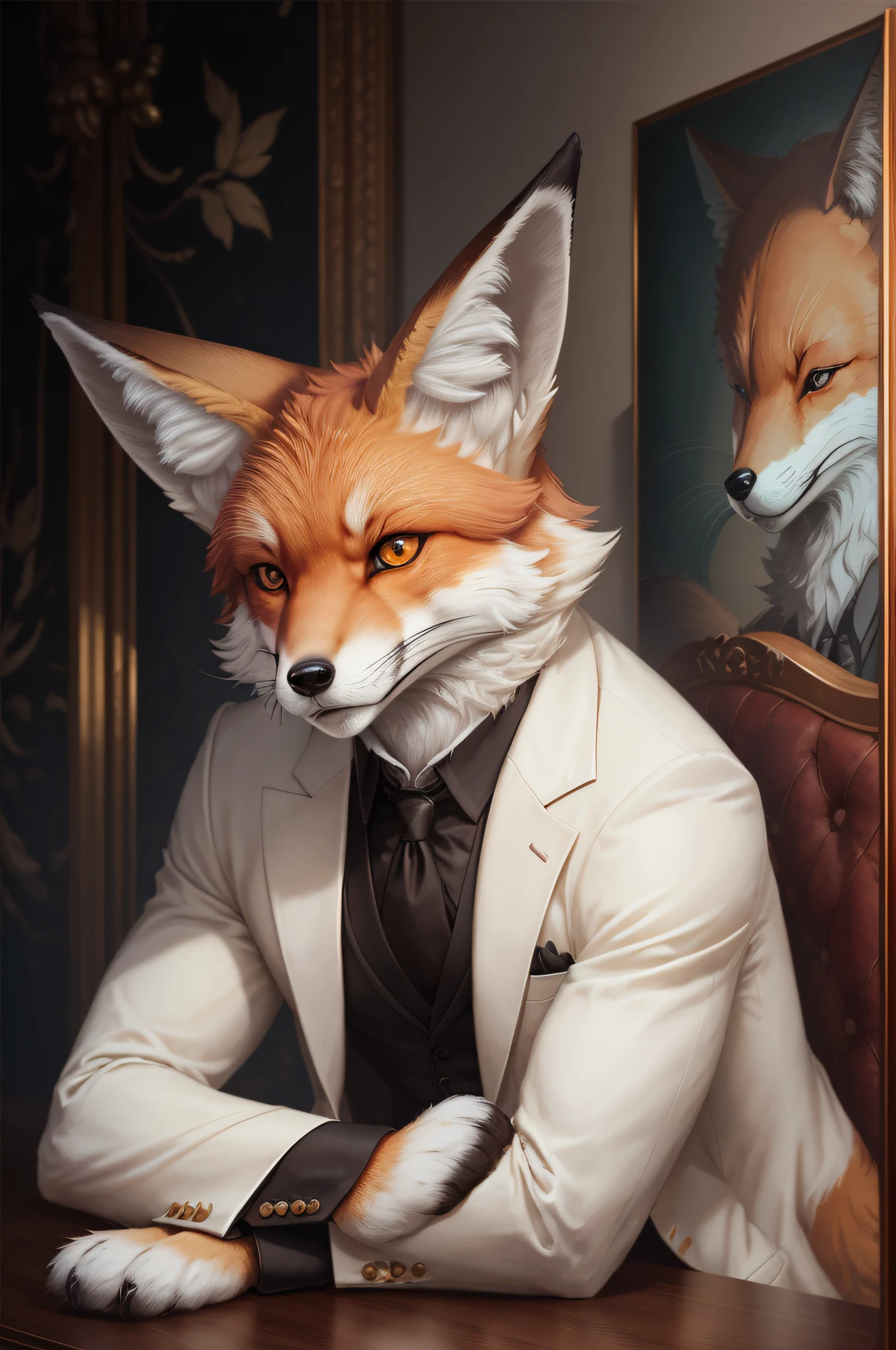 There is a fox sitting at the table in a suit, an anthropomorphic fox, an anthropomorphic fox, a tonic for a fox, a portrait of a human fox, an anthropomorphic furry art, a well-behaved, dignified aristocrat, a gentleman, an epic portrait of elegance, a high-quality portrait, an anthropomorphic cyberpunk fox creates an anthropomorphic fox image with serious manners and looks about 19 years old. He has the reddish-brown fur typical of a fox, smooth and neat. To add a touch of style to his appearance, he wears a white coat as a dress.
The white coat suits him perfectly, adding a sense of sophistication to his overall look. Despite his young age, the fox exudes sophistication, confidence and authority.
Emphasize his anthropomorphic features, such as his upright posture, anthropomorphic hands, and expressive facial features. Capture his serious expression, highlighting the intensity in his amber eyes, as well as the details of the white coat he wears.
Showcasing the unique blend of fox features and a stylish white coat, it captures the essence of this anthropomorphic individual with a serious and sophisticated look.