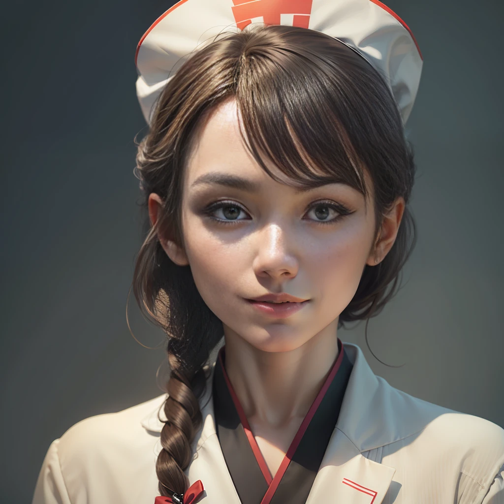 Masterpiece, Photography RAW, Japanese Doctor Wearing Stefan Costik Style Doctor Costume, Clear Focus, 8k HD, Exceptionally Detailed, Intricate, Elegant, Heart-shaped Pupil, Nurse's Cap, Brown Hair, Light Smile, Seductive Smile, Photo Realism, f/1.2, Sony FE GM, chiaroscuro, cinematic lighting, UHD, masterpiece, ccurate, textured skin, super detail, high detail, high quality, best quality, 16k